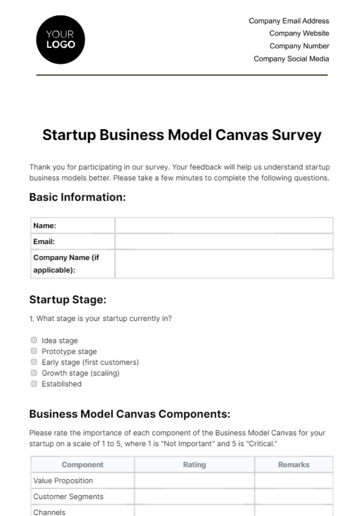 Startup Business Model Canvas Survey Template