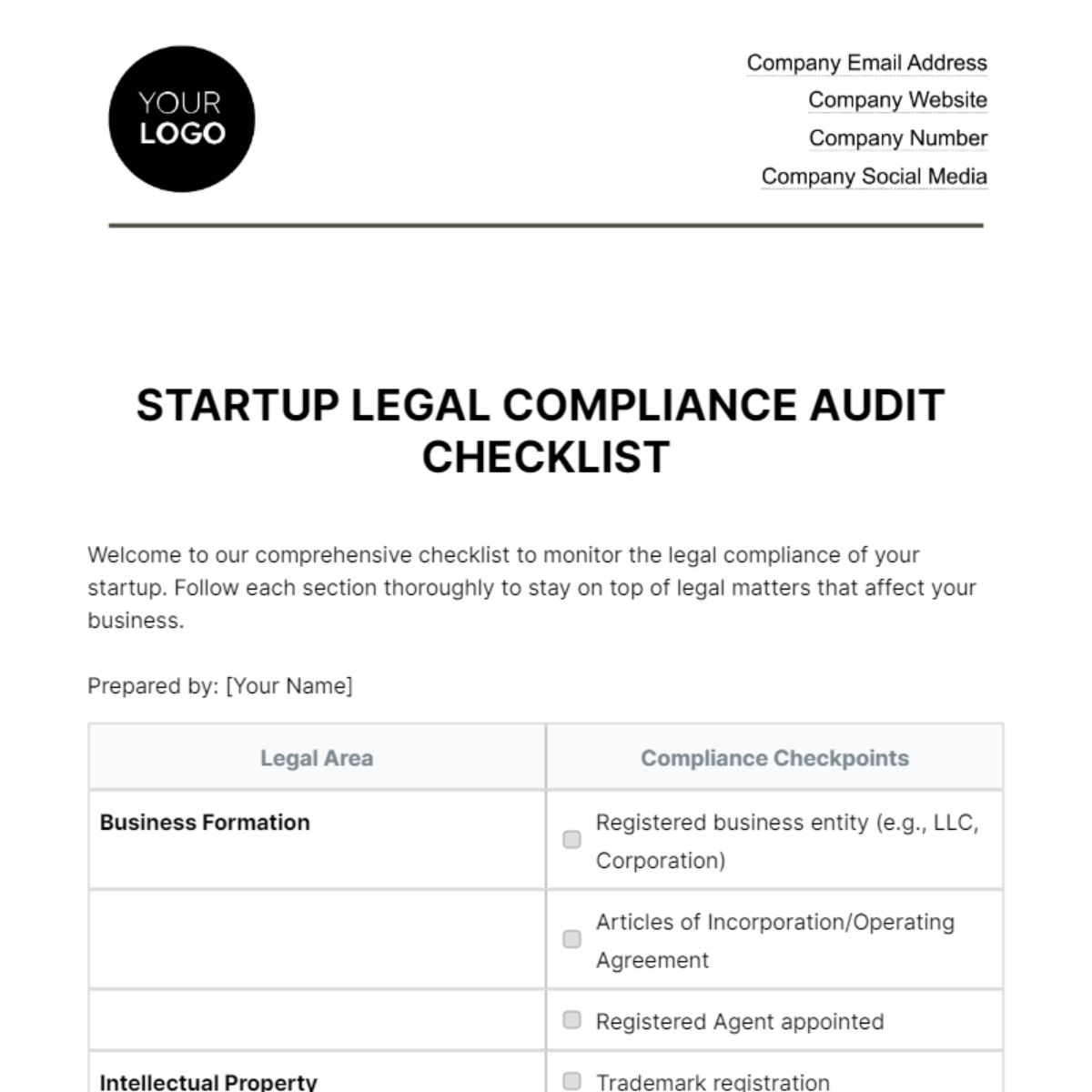 Startup Legal Compliance Audit Checklist Template