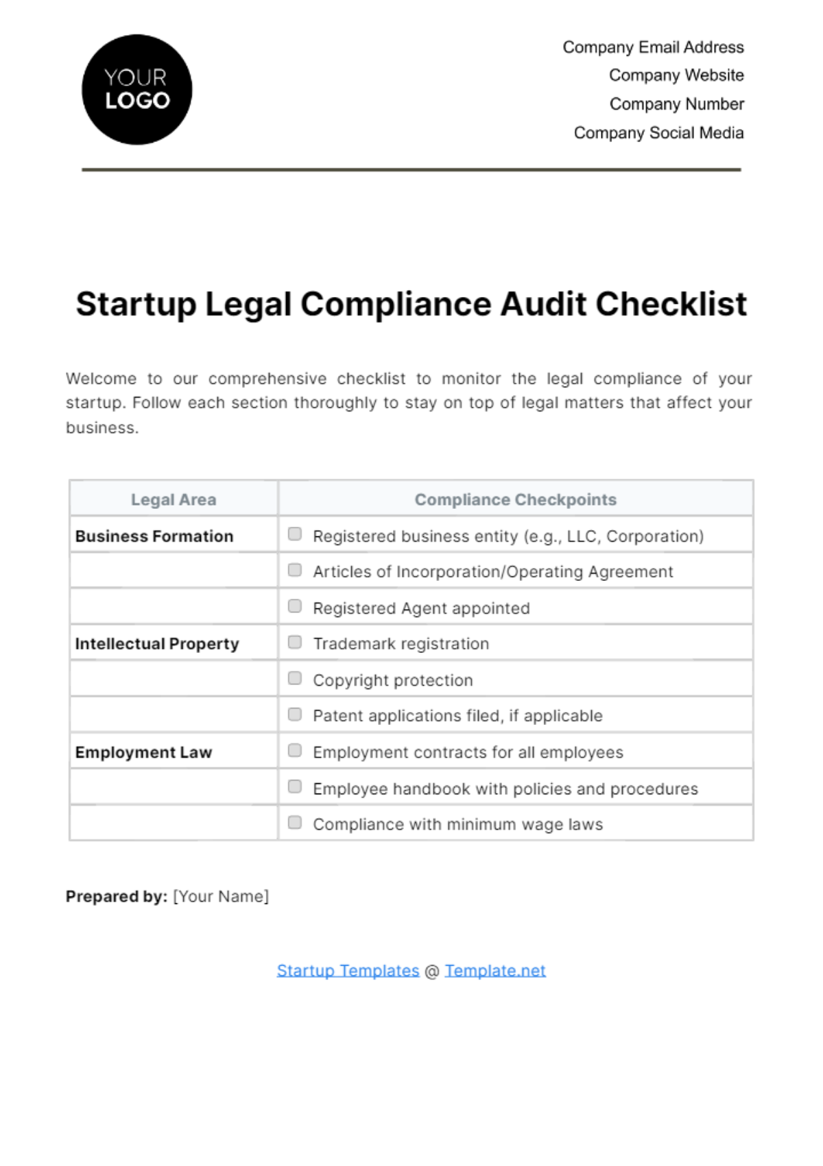 Free Startup Legal Compliance Audit Checklist Template
