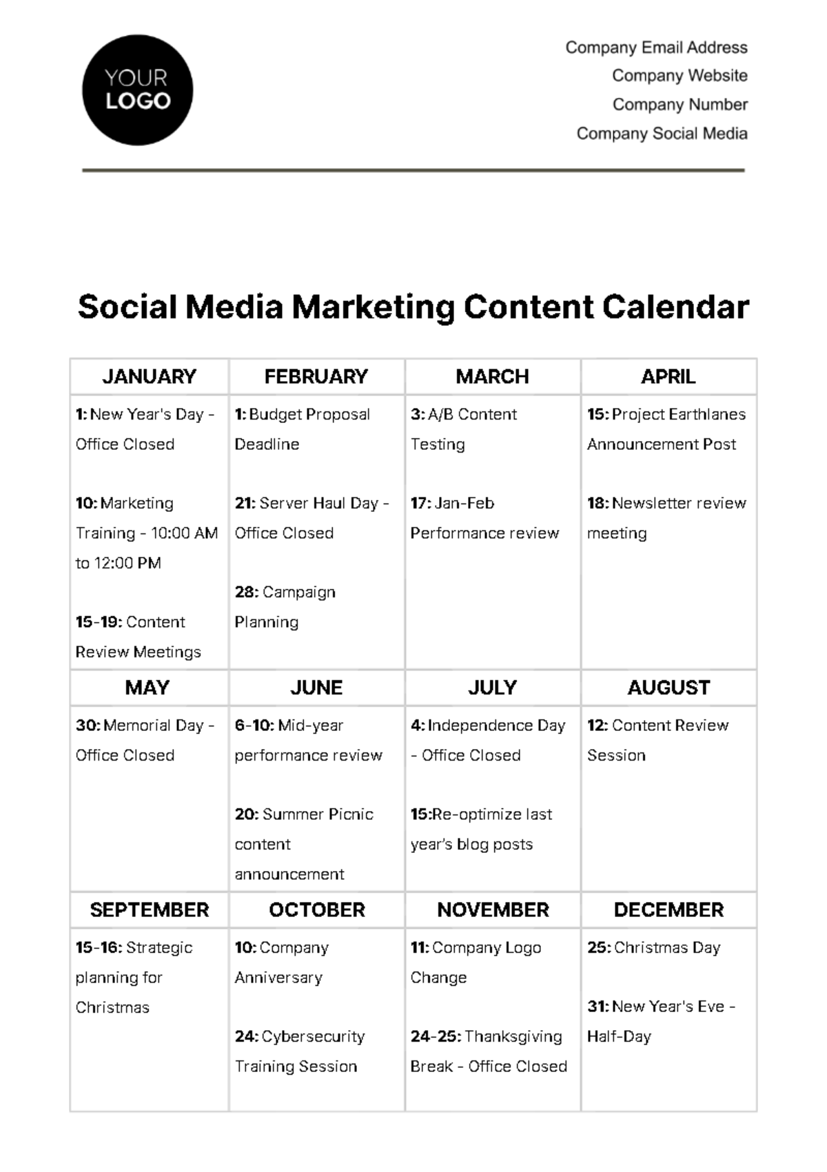 Social Media Marketing Content Calendar Schedule Template