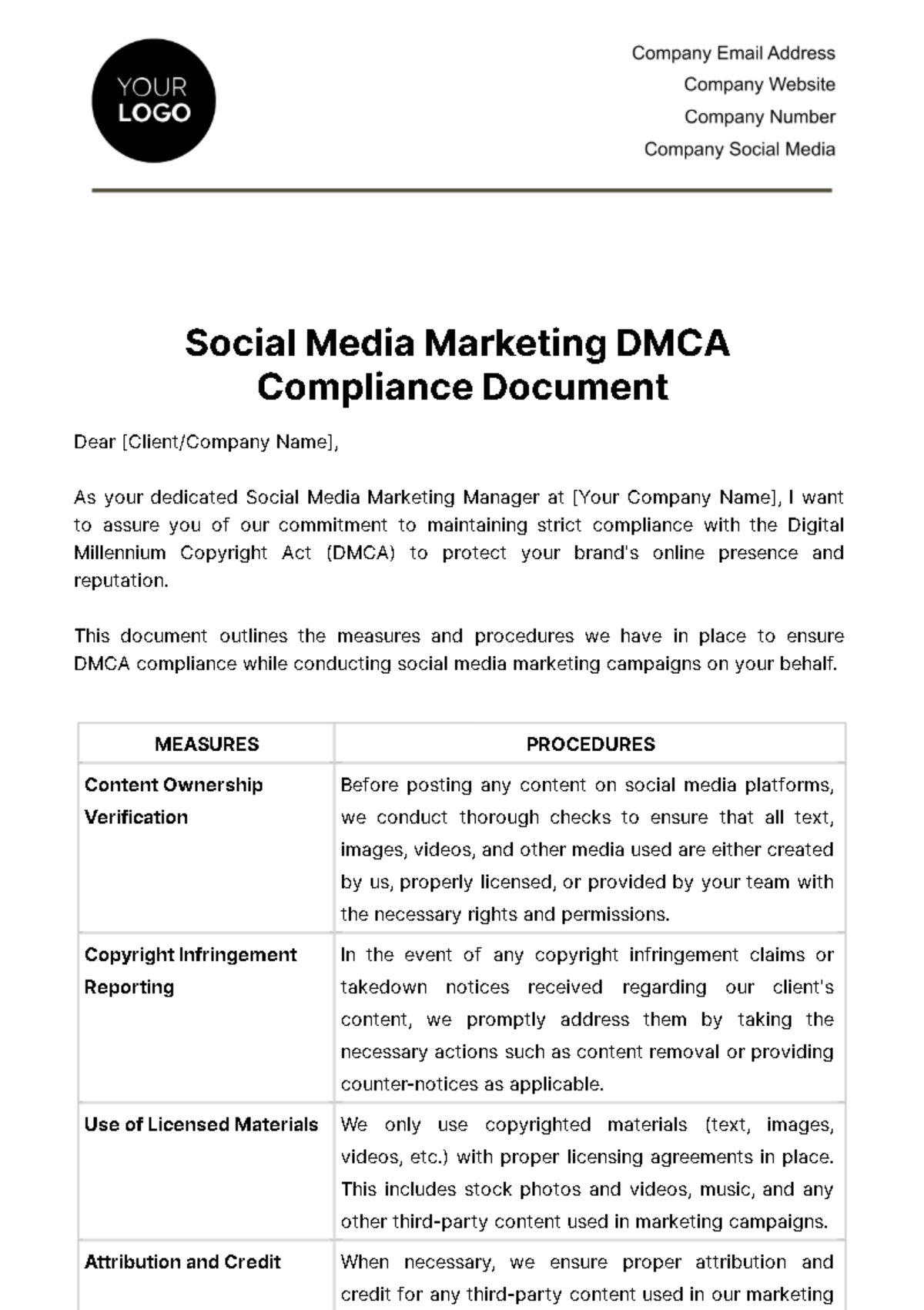 Free Social Media Marketing DMCA Compliance Document Template