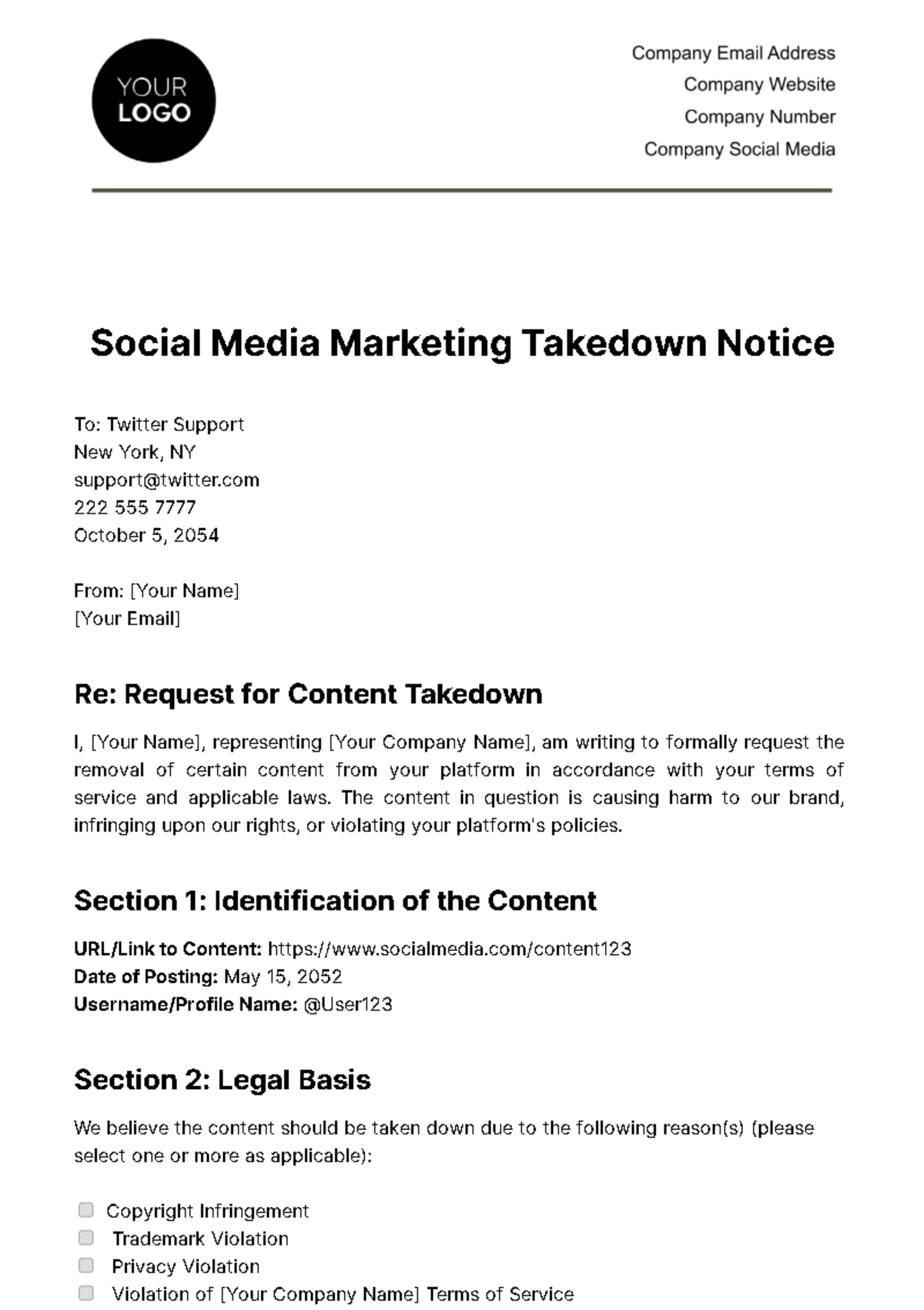 Social Media Marketing Takedown Notice Template