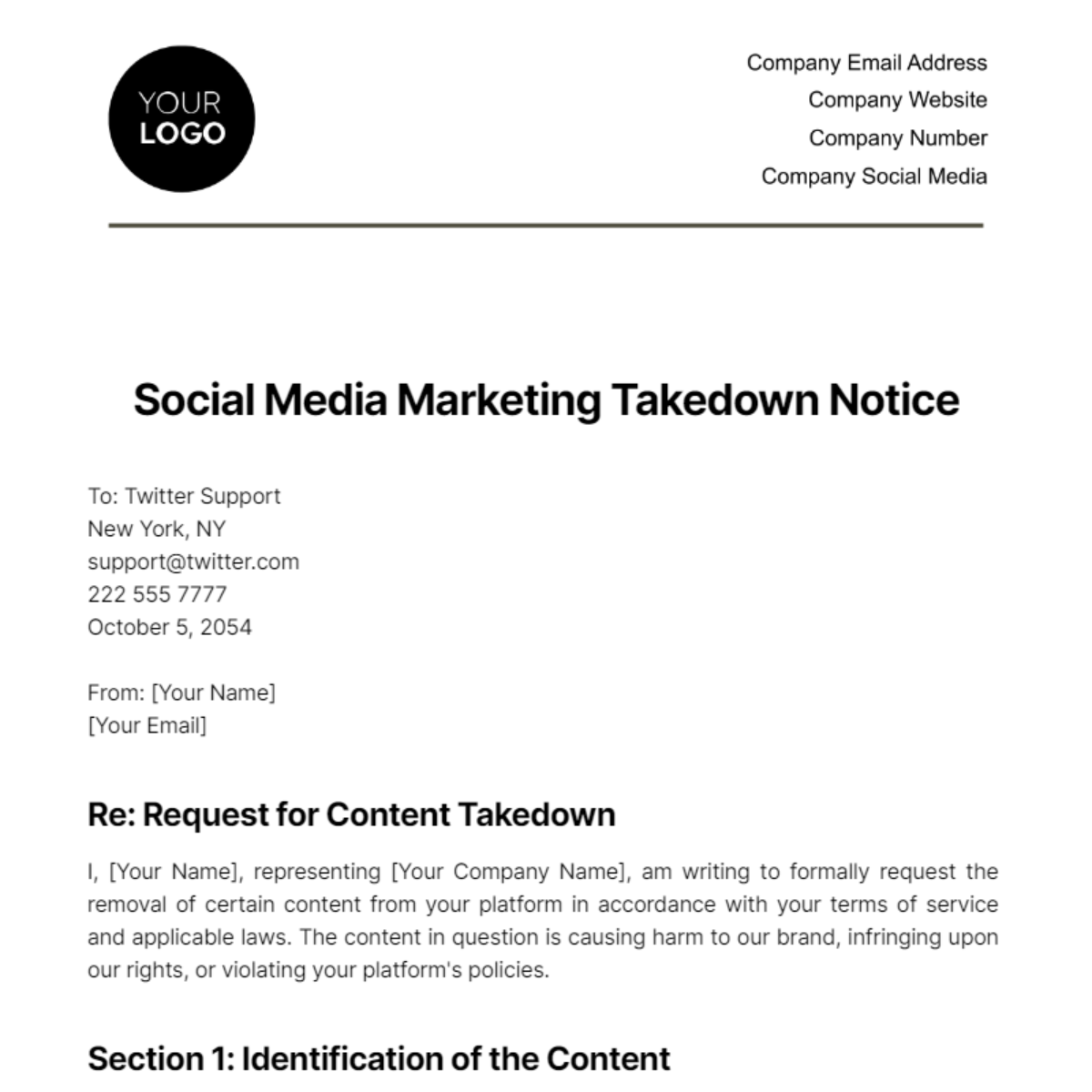 Social Media Marketing Takedown Notice Template