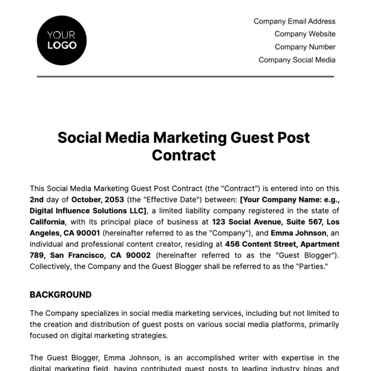 Social Media Marketing Guest Post Contract Template