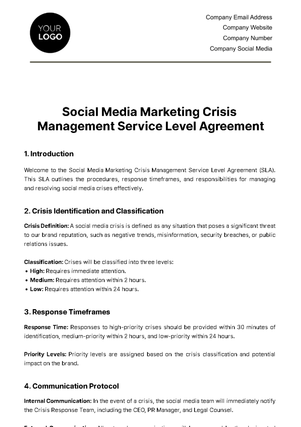 Free Social Media Marketing Crisis Management SLA Template