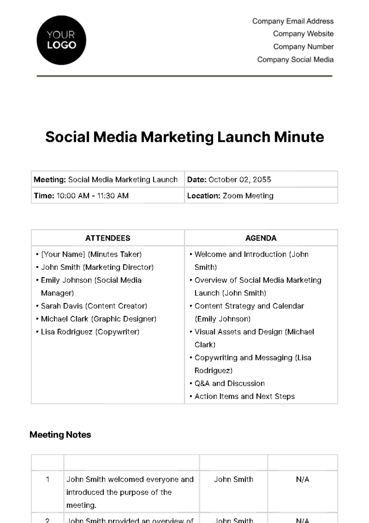 Social Media Marketing Launch Minute Template