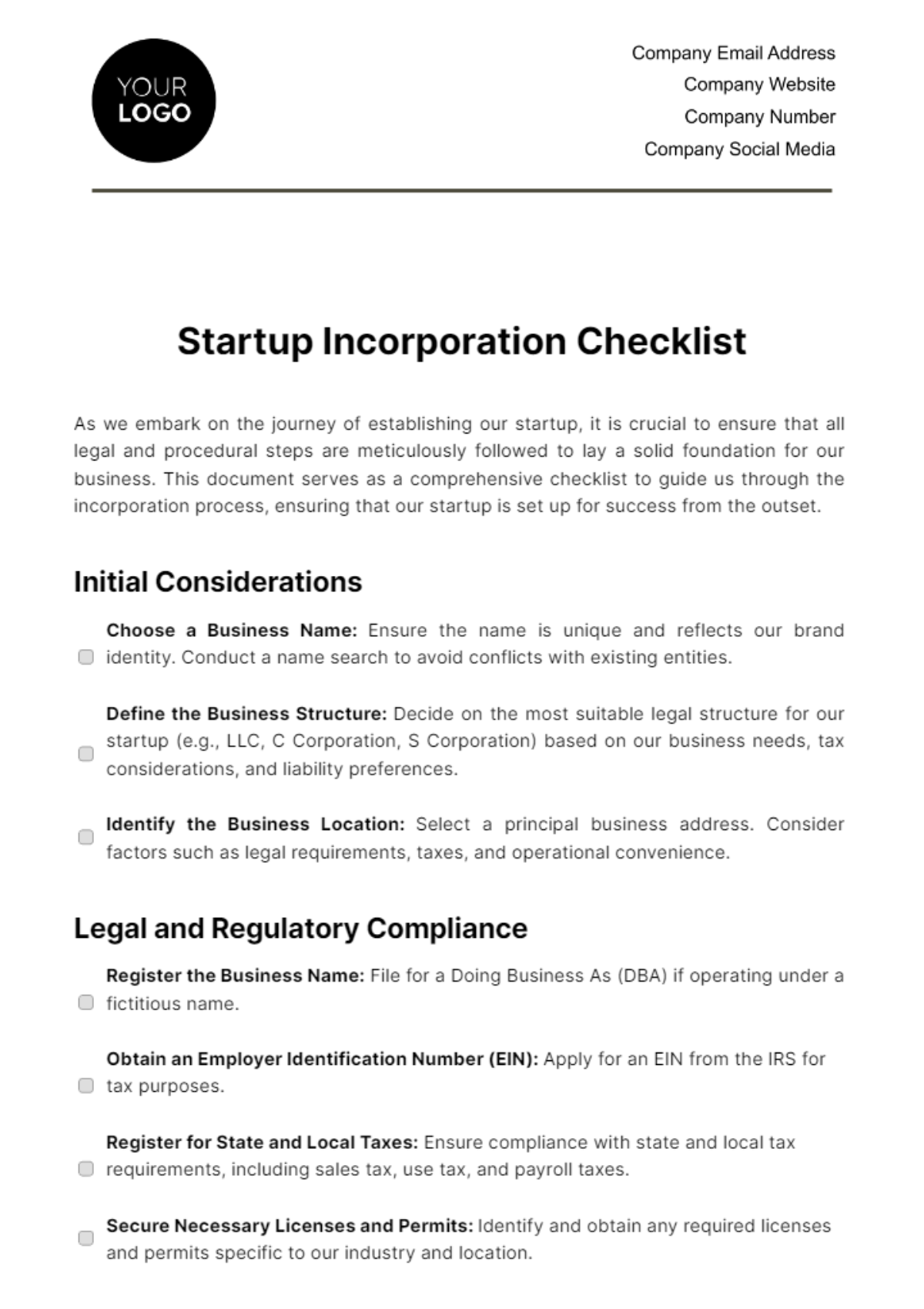 Free Startup Incorporation Checklist Template