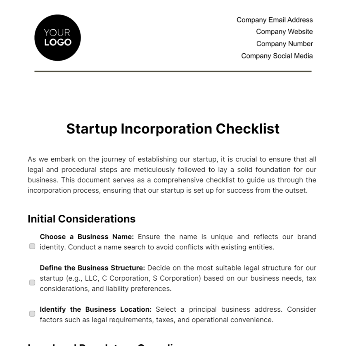 Startup Incorporation Checklist Template