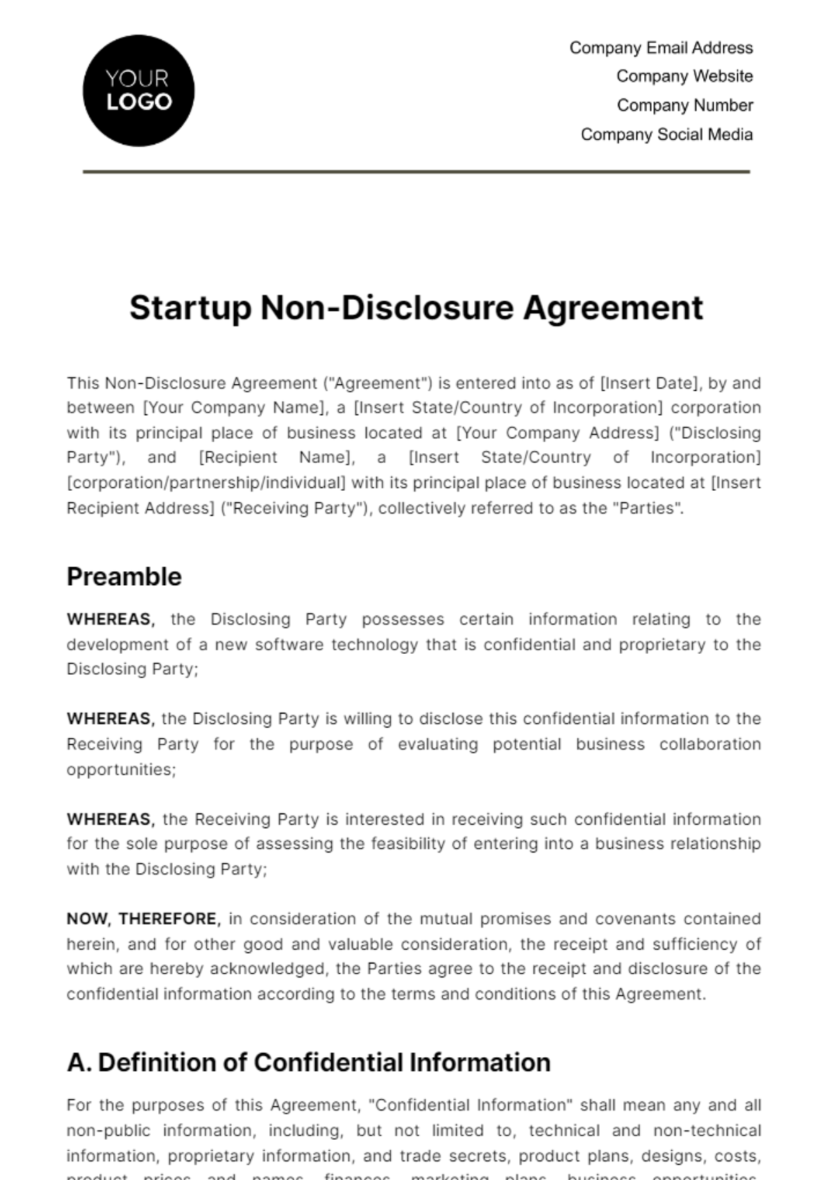 Free Startup Non-Disclosure Agreement (NDA) Template