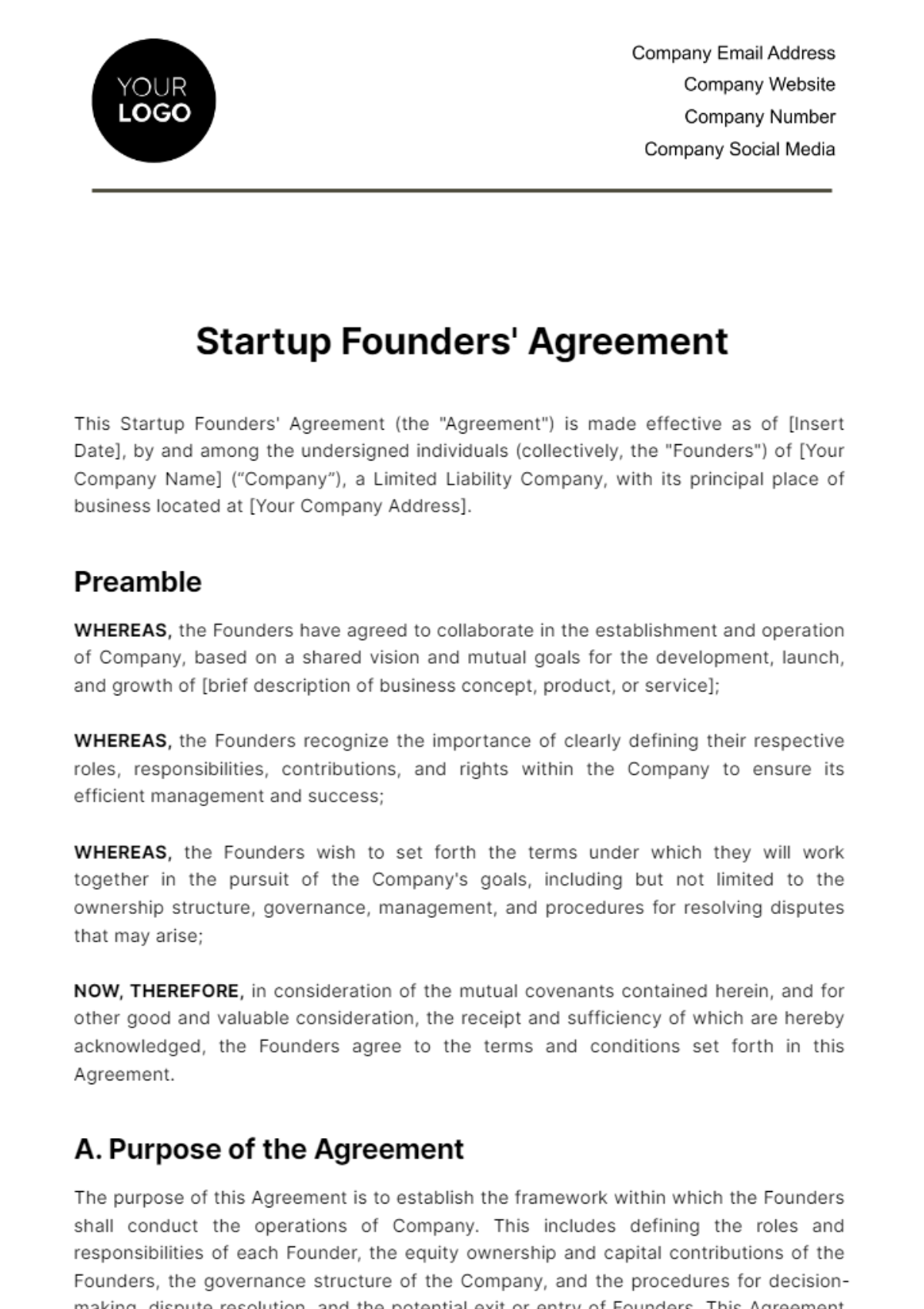 Startup Founders' Agreement Template