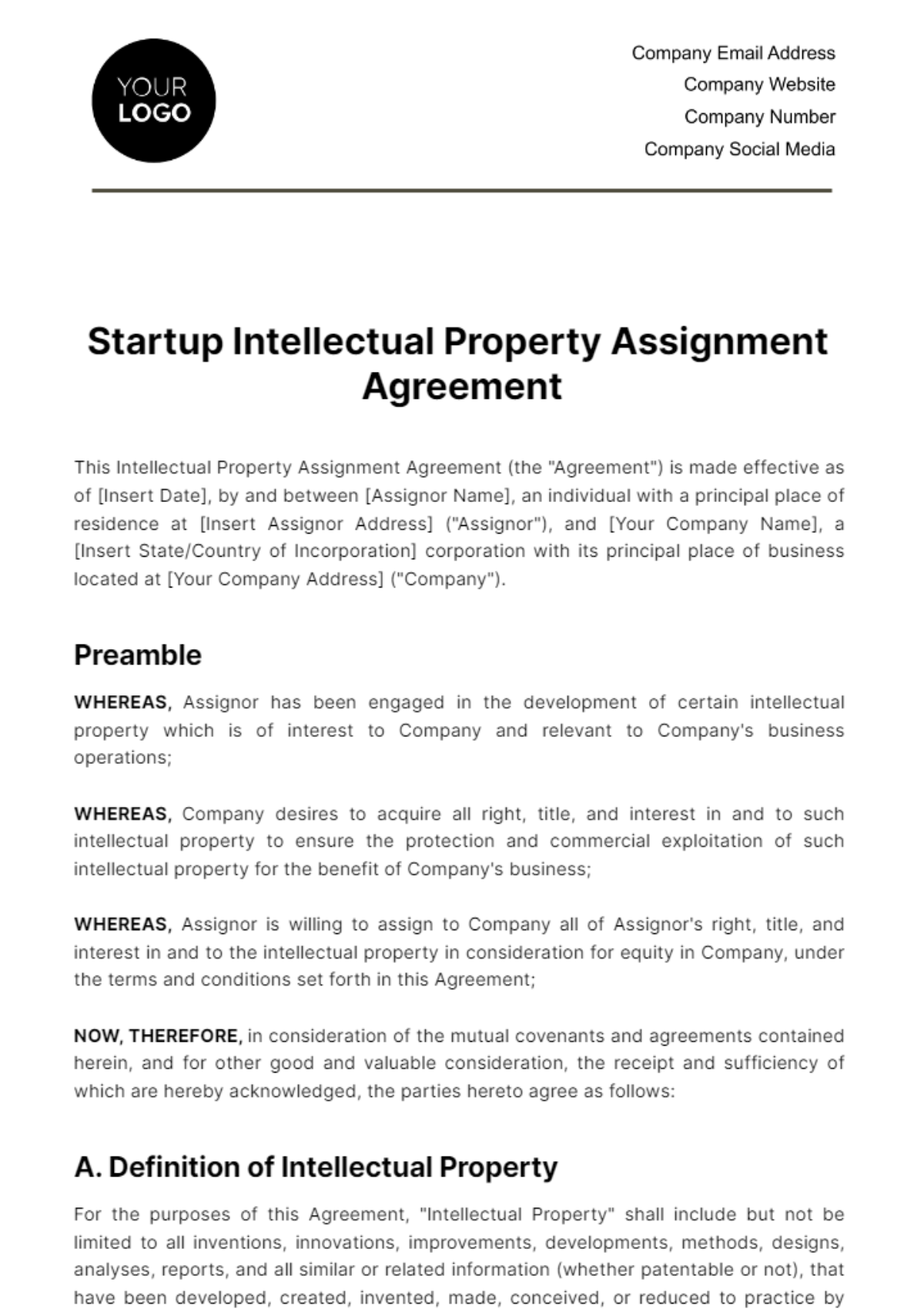 Startup Intellectual Property Assignment Agreement Template