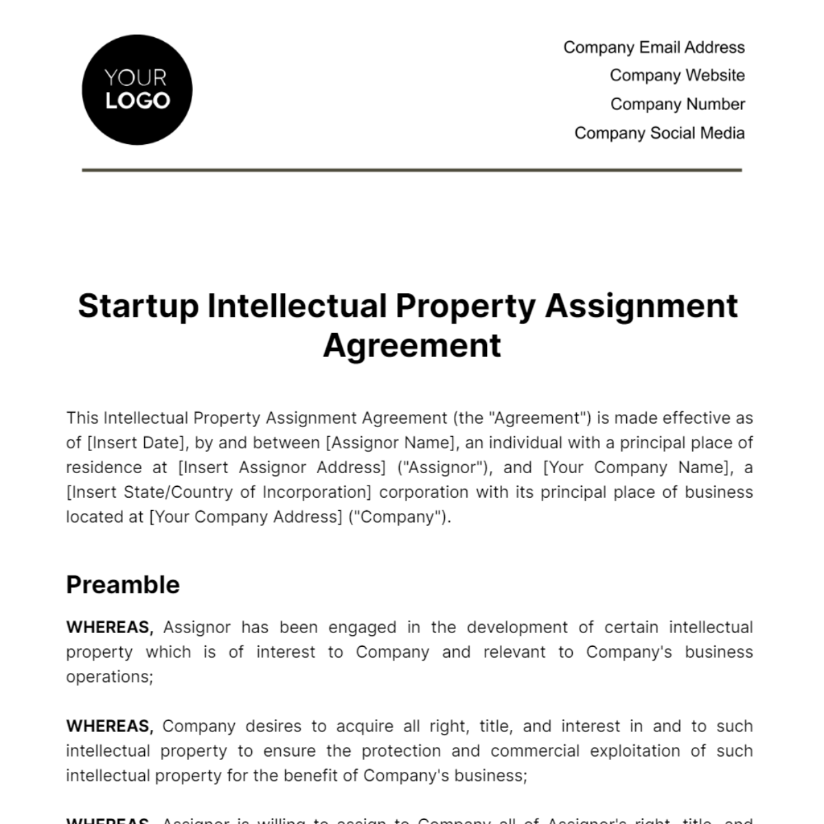 Startup Intellectual Property Assignment Agreement Template - Edit Online & Download