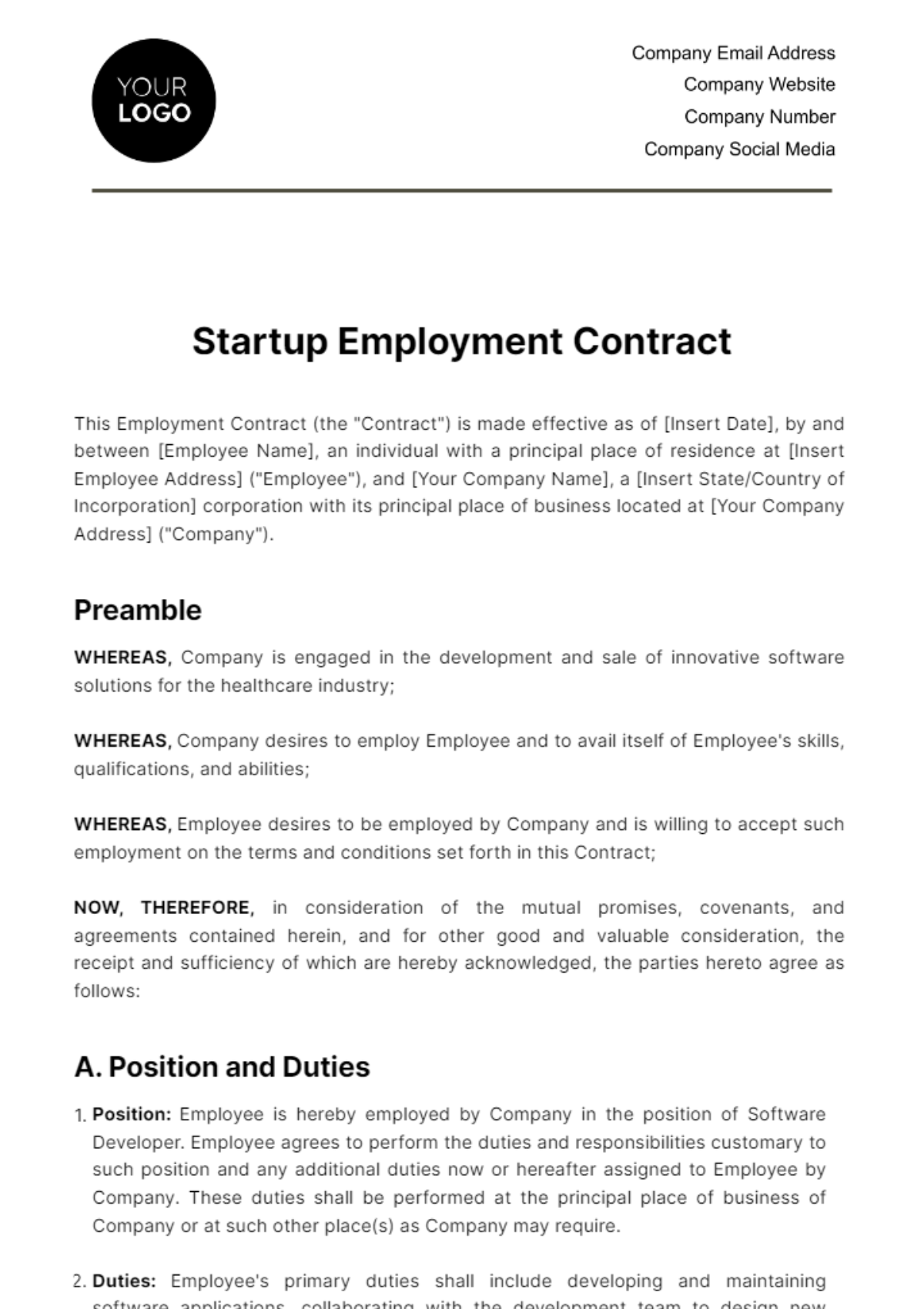 Free Startup Employment Contract Template