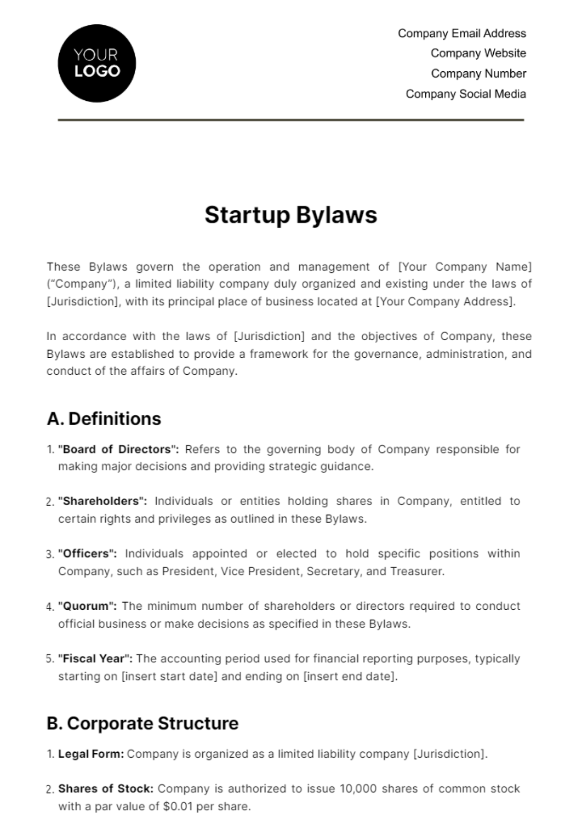 Free Startup Bylaws Template