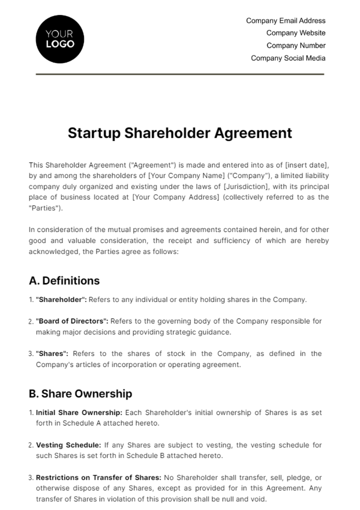 Free Startup Shareholder Agreement Template