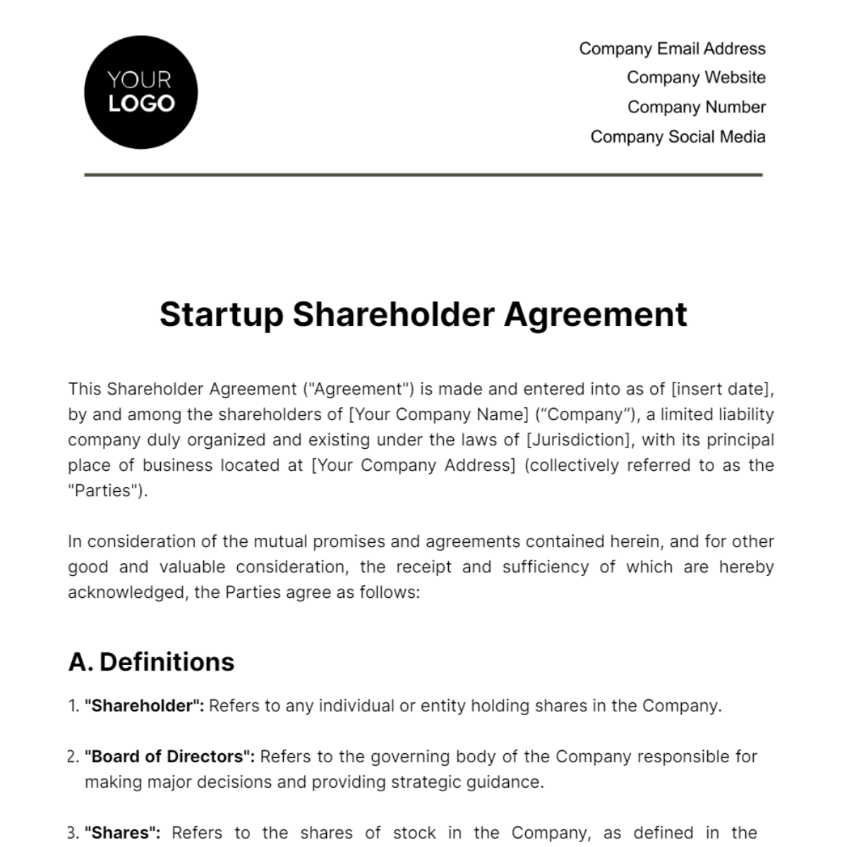 Startup Shareholder Agreement Template - Edit Online & Download