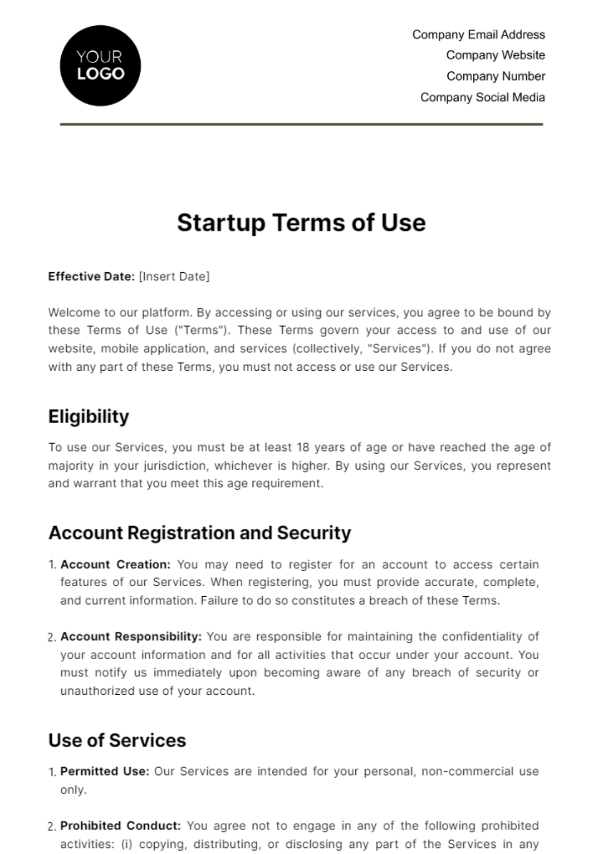 Startup Terms of Use Template