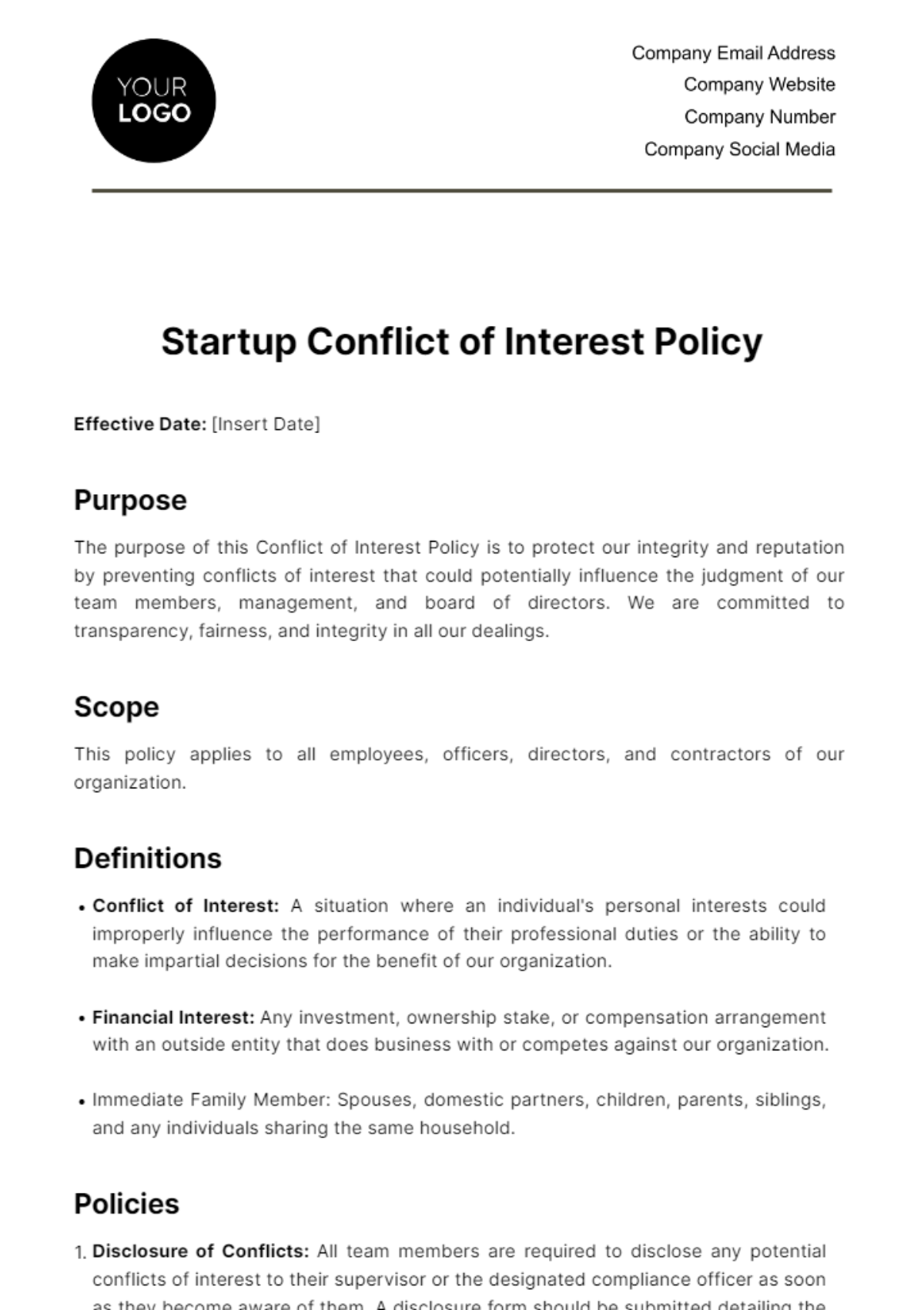 Free Startup Conflict of Interest Policy Template