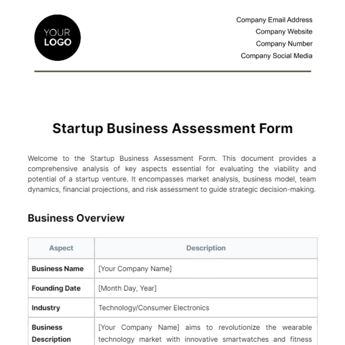 Startup Business Assessment Form Template