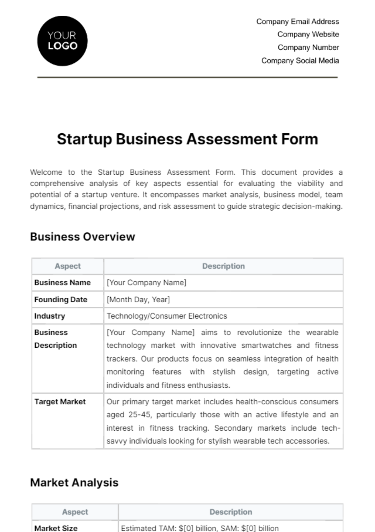 Startup Business Assessment Form Template