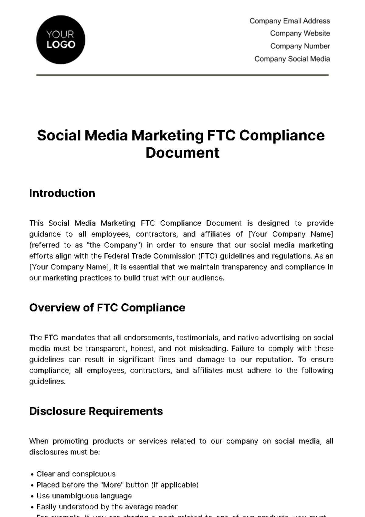 Social Media Marketing FTC Compliance Document Template - Edit Online & Download