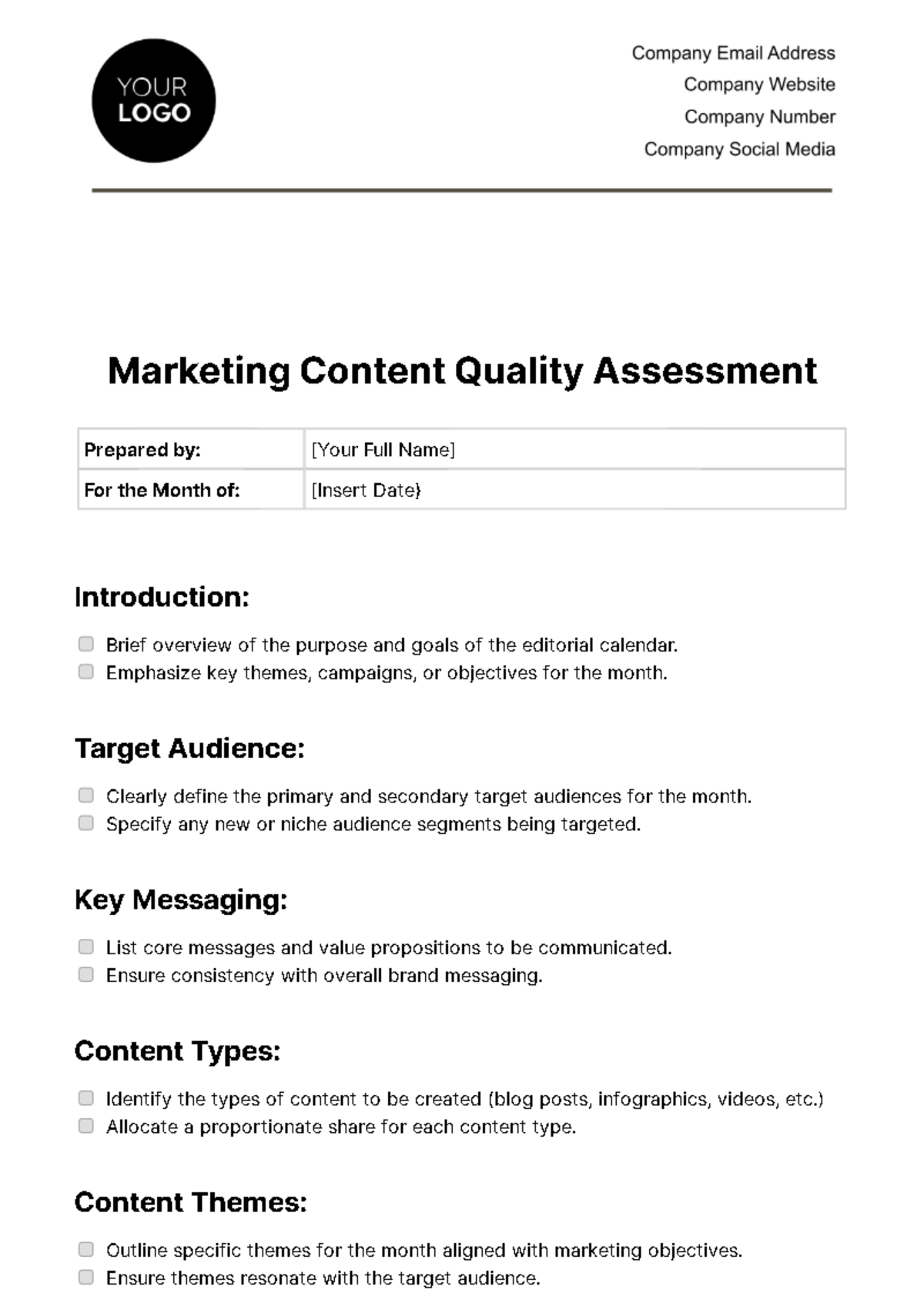 Free Marketing Content Editorial Calendar Checklist Template