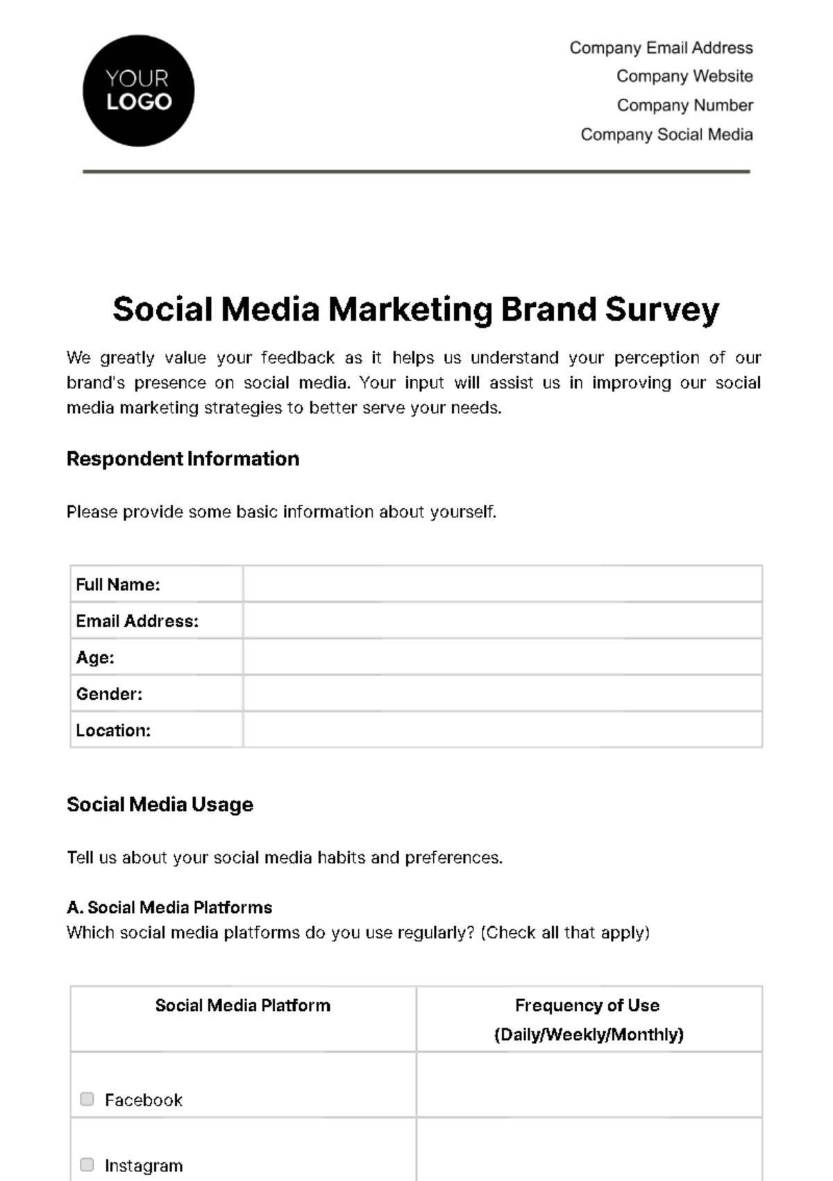 Free Social Media Marketing Brand Survey Template