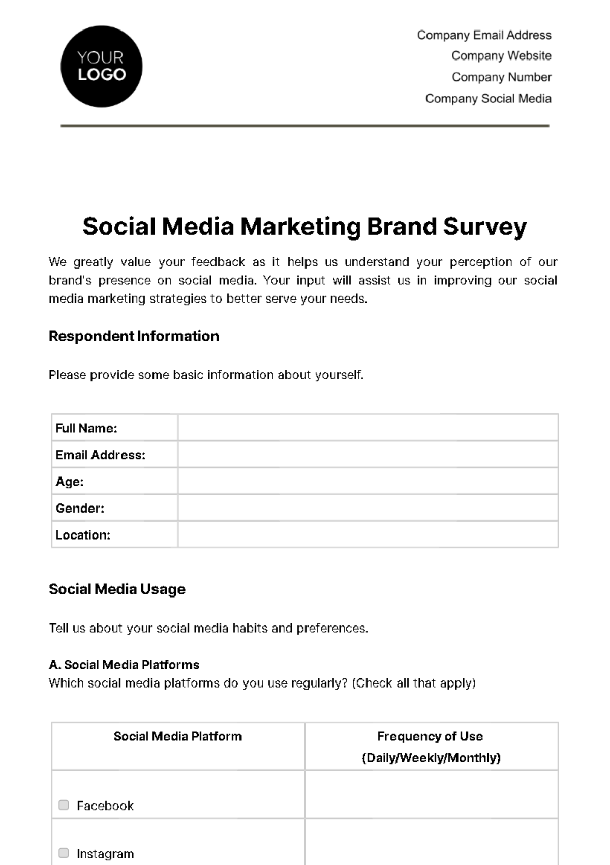 Social Media Marketing Brand Survey Template - Edit Online & Download