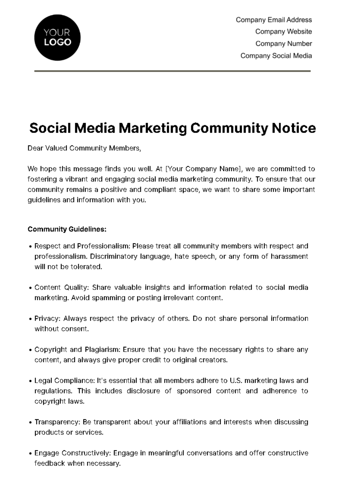 Social Media Marketing Community Notice Template