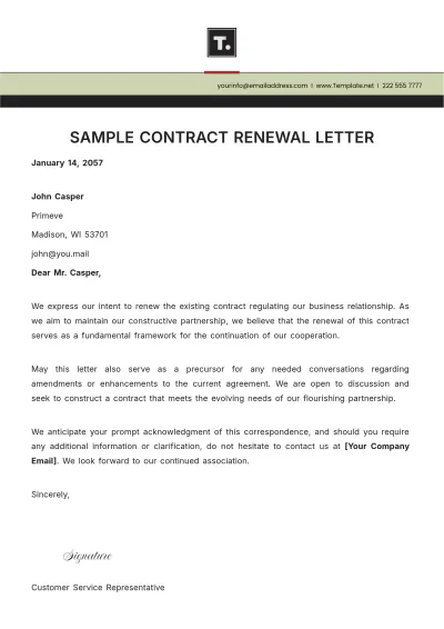 Free Sample Contract Renewal Letter Template to Edit Online