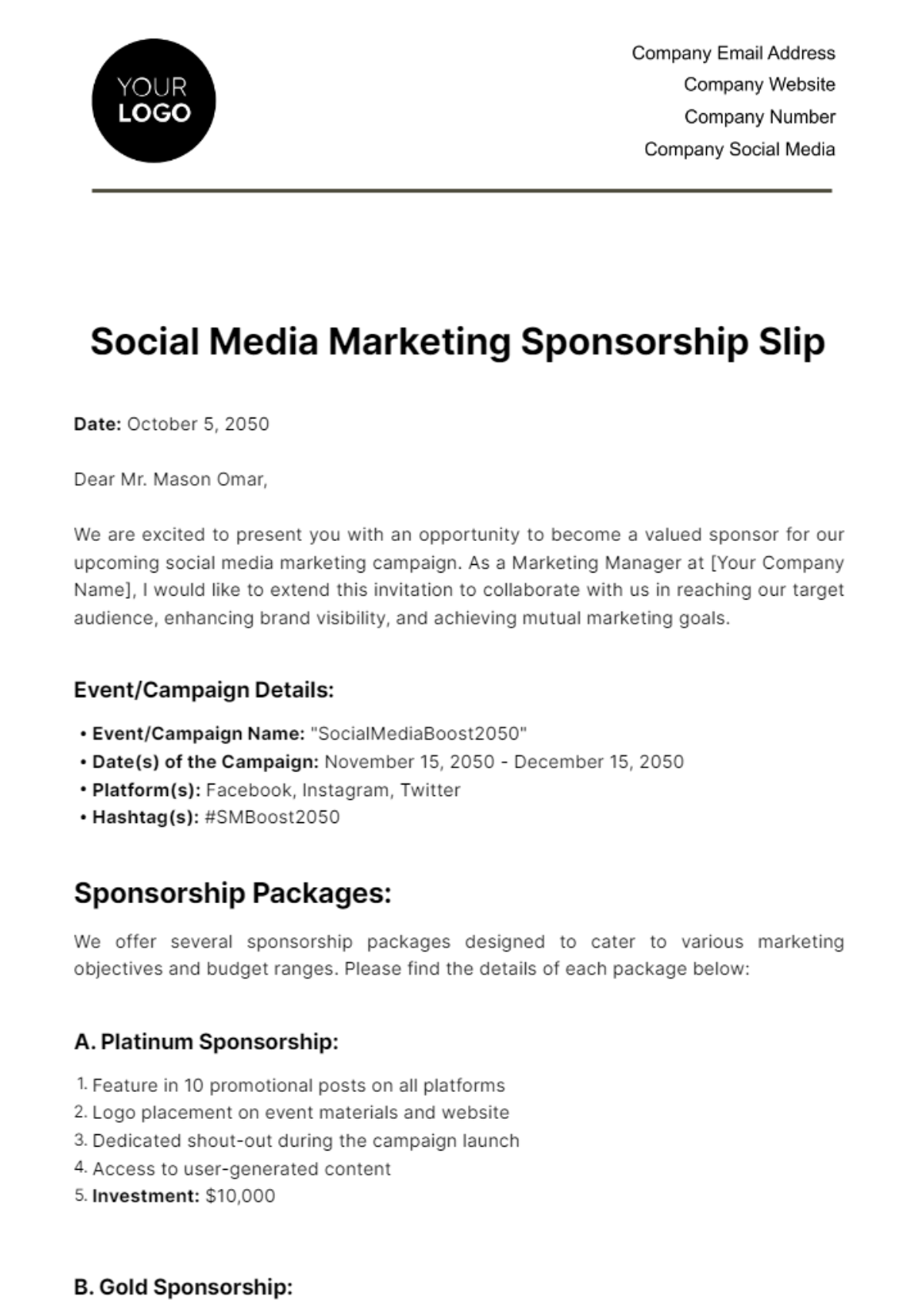 Social Media Marketing Sponsorship Slip Template