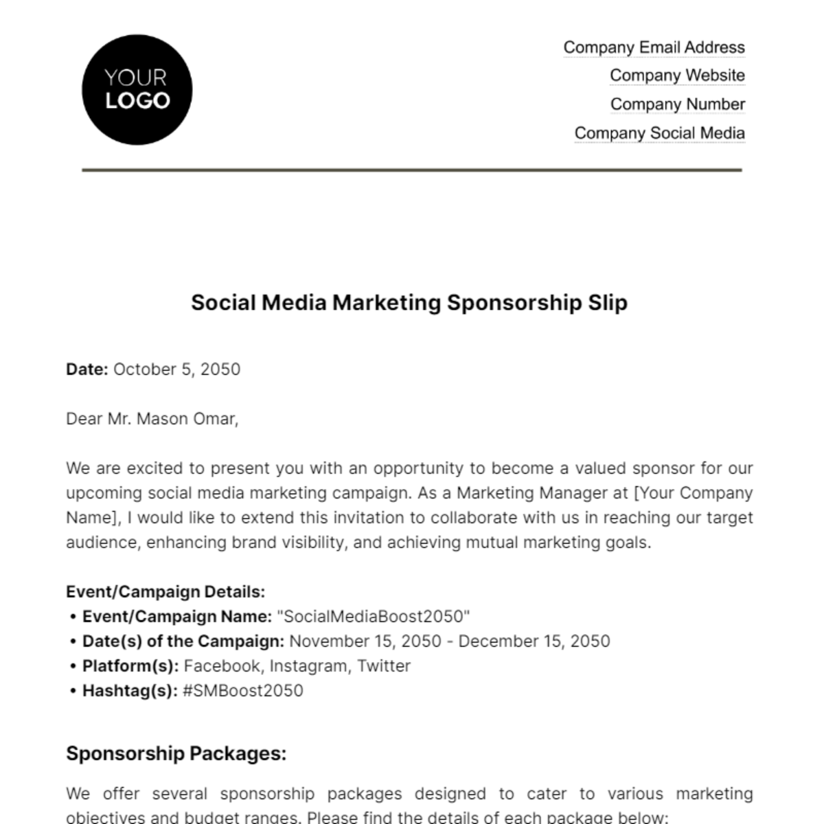 Social Media Marketing Sponsorship Slip Template