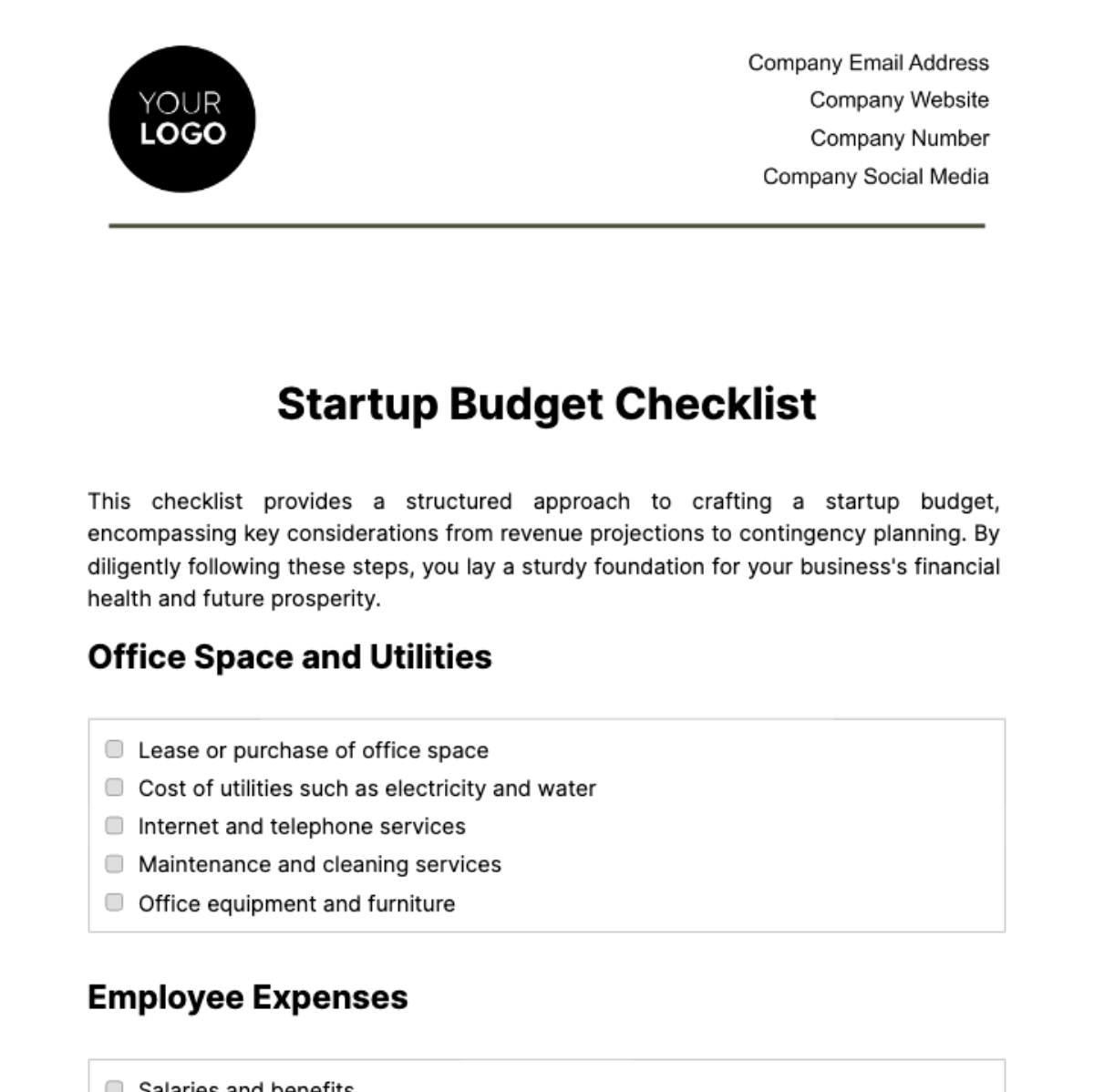Startup Budget Checklist Template