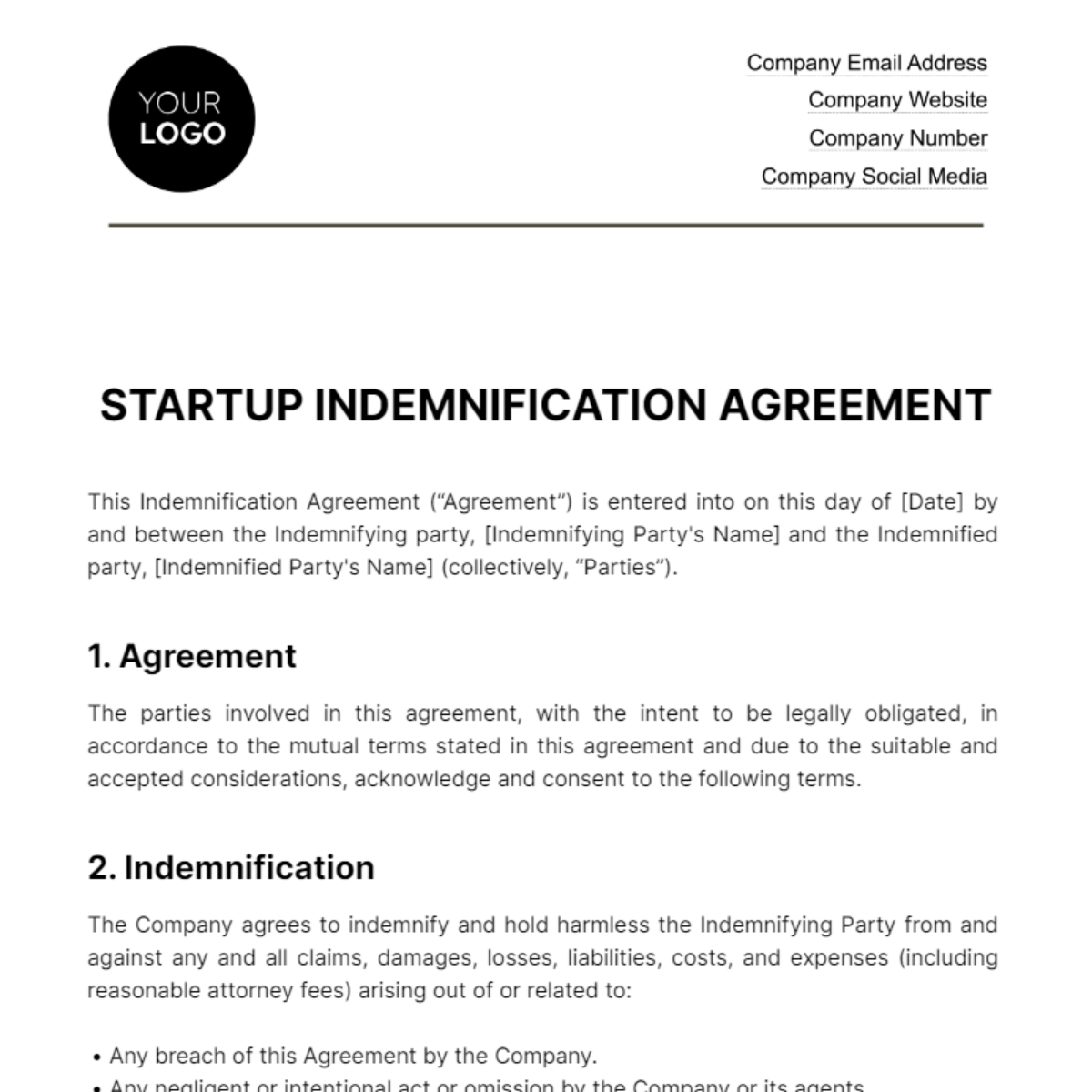 Startup Indemnification Agreement Template - Edit Online & Download