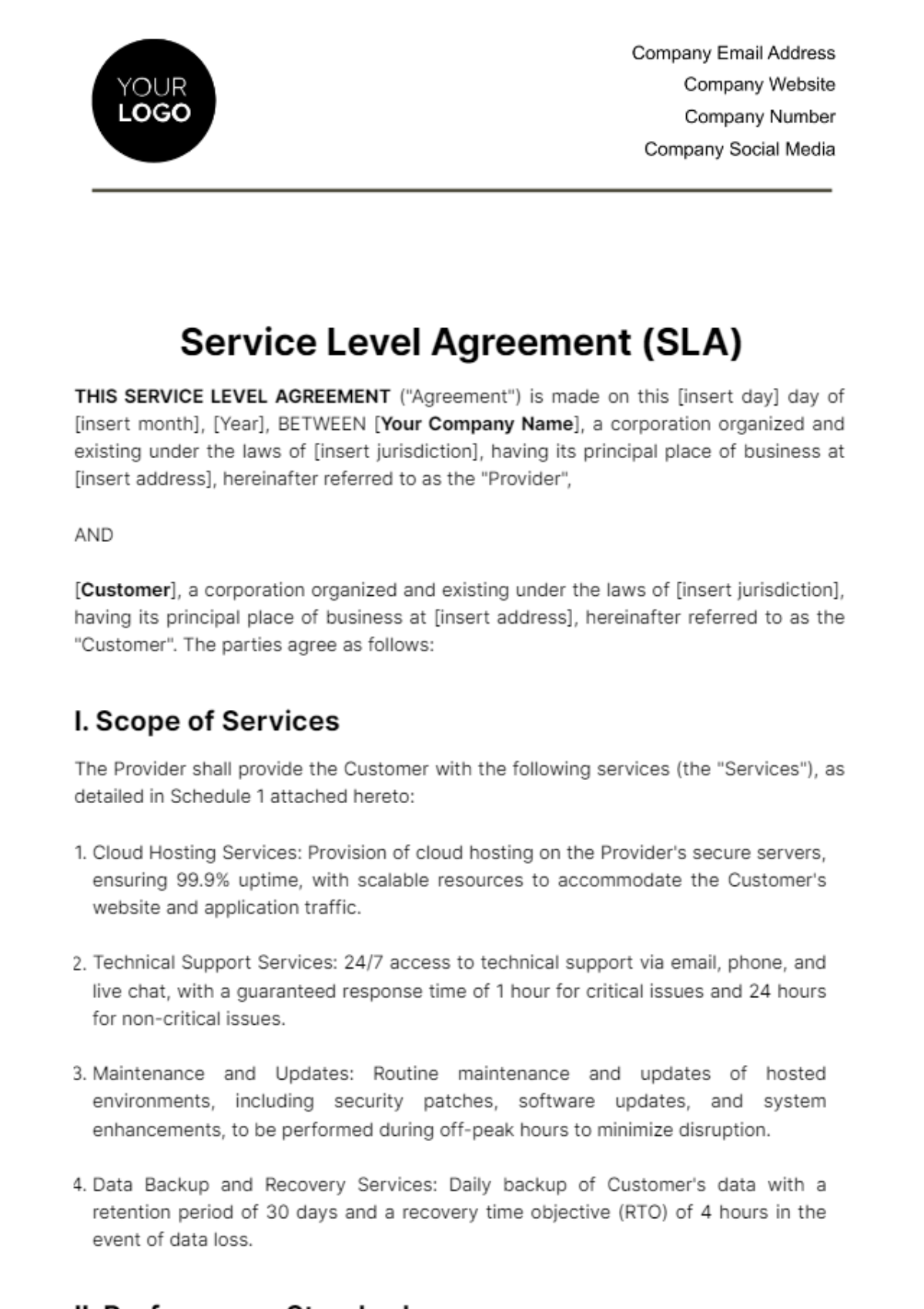Startup Service Level Agreement (SLA) Template