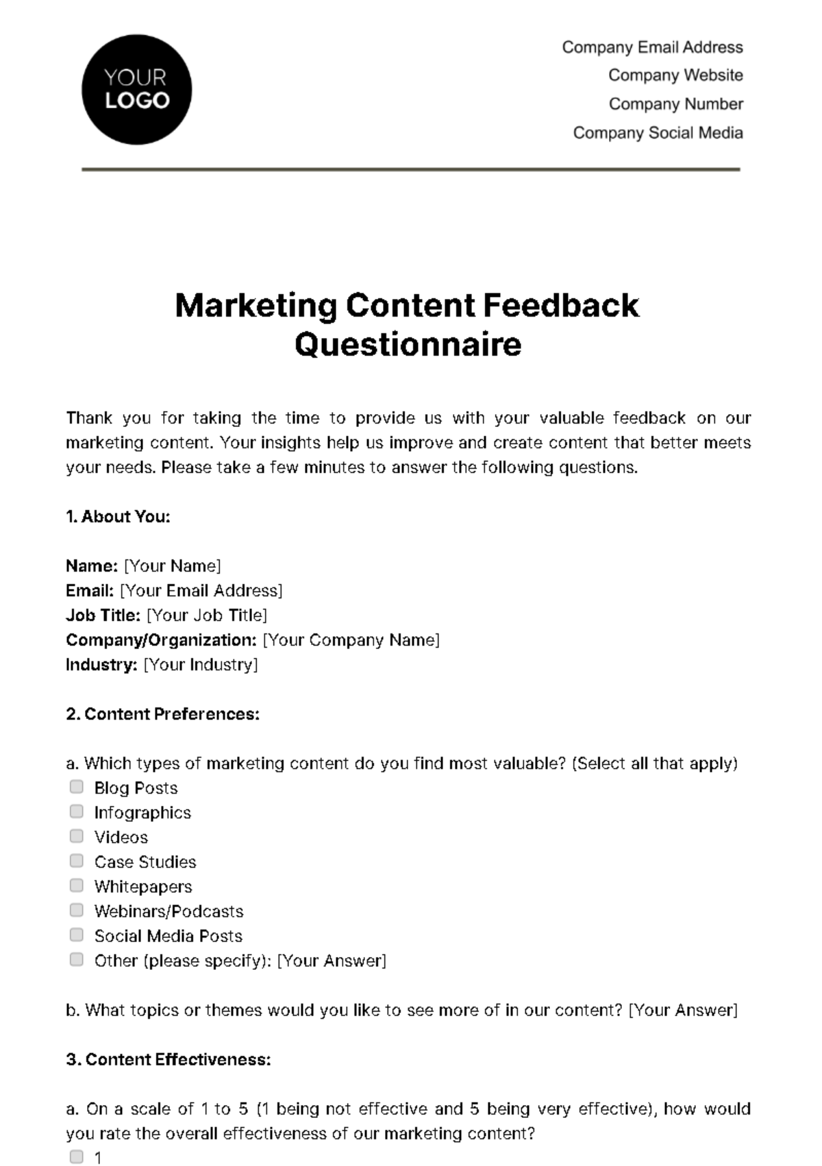 Marketing Content Feedback Questionnaire Template