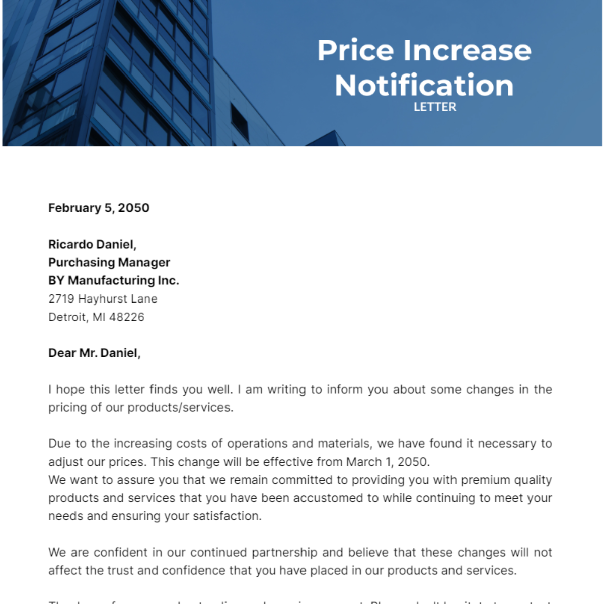 Price Increase Notification Letter Template - Edit Online & Download