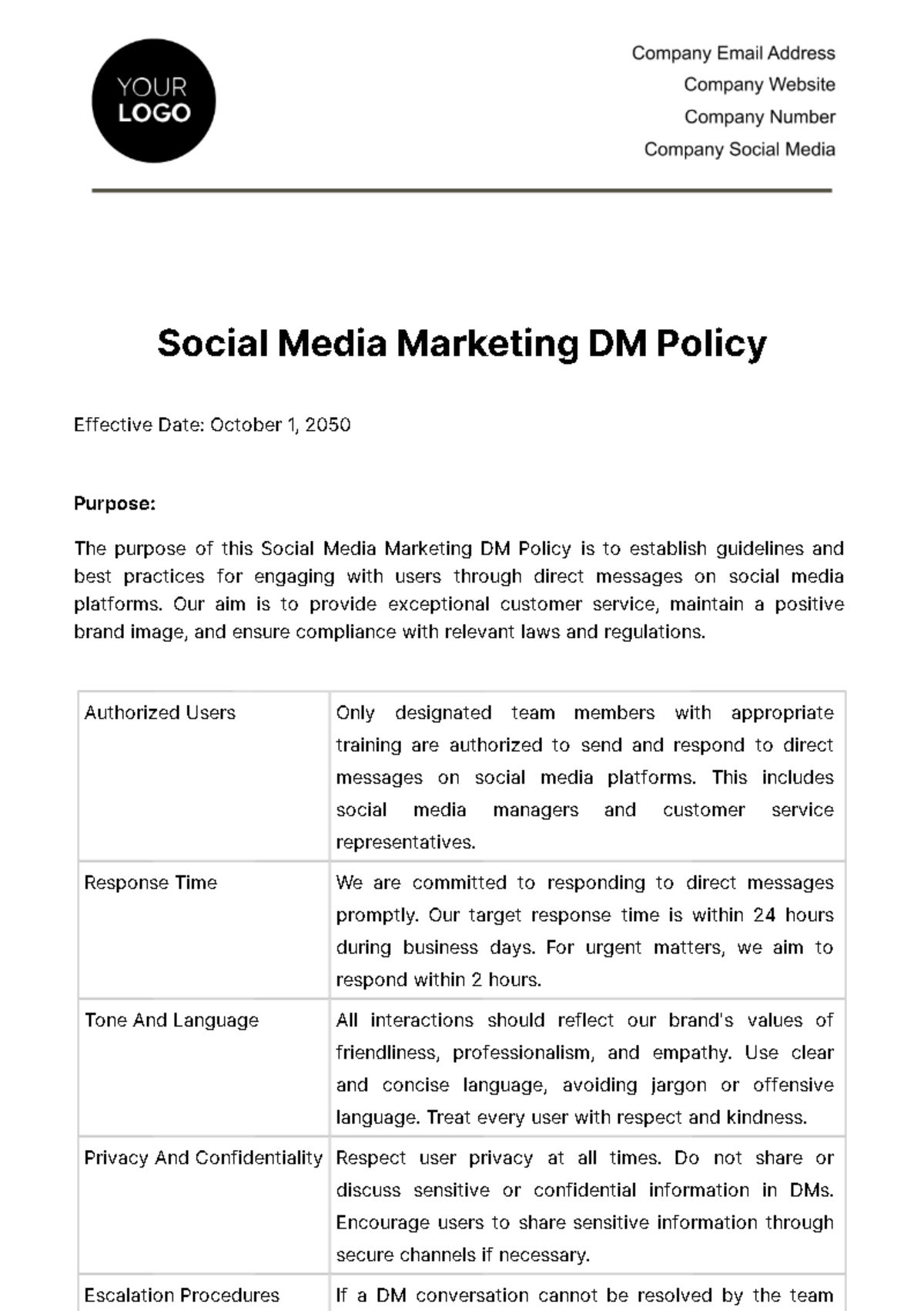 Free Social Media Marketing DM Policy Template