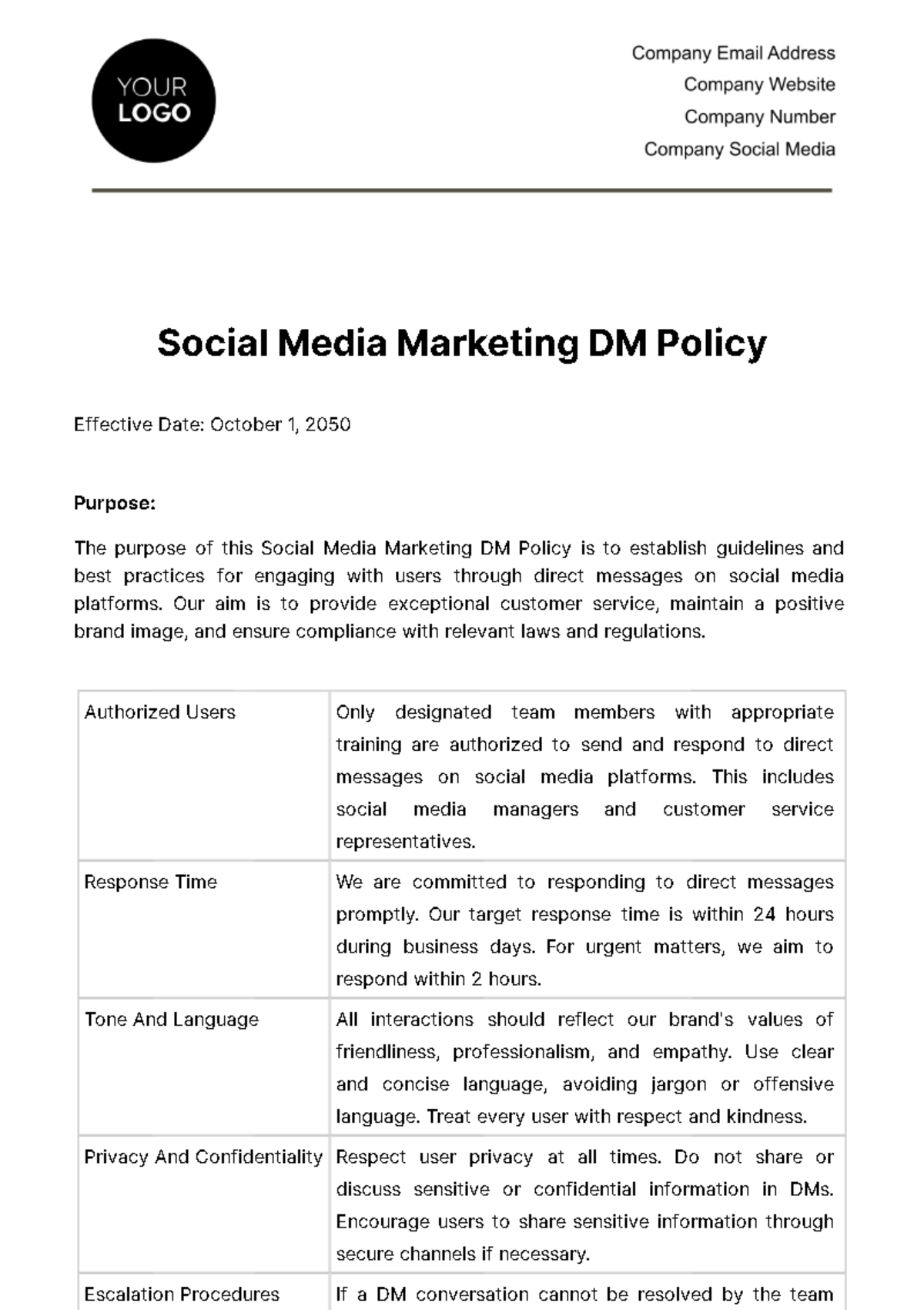 Social Media Marketing DM Policy Template - Edit Online & Download