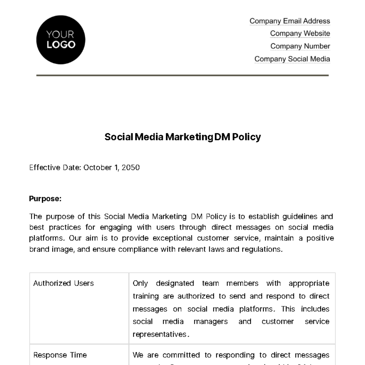 Social Media Marketing DM Policy Template