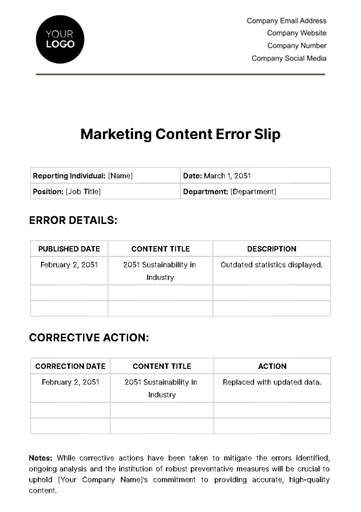 Marketing Content Error Slip Template
