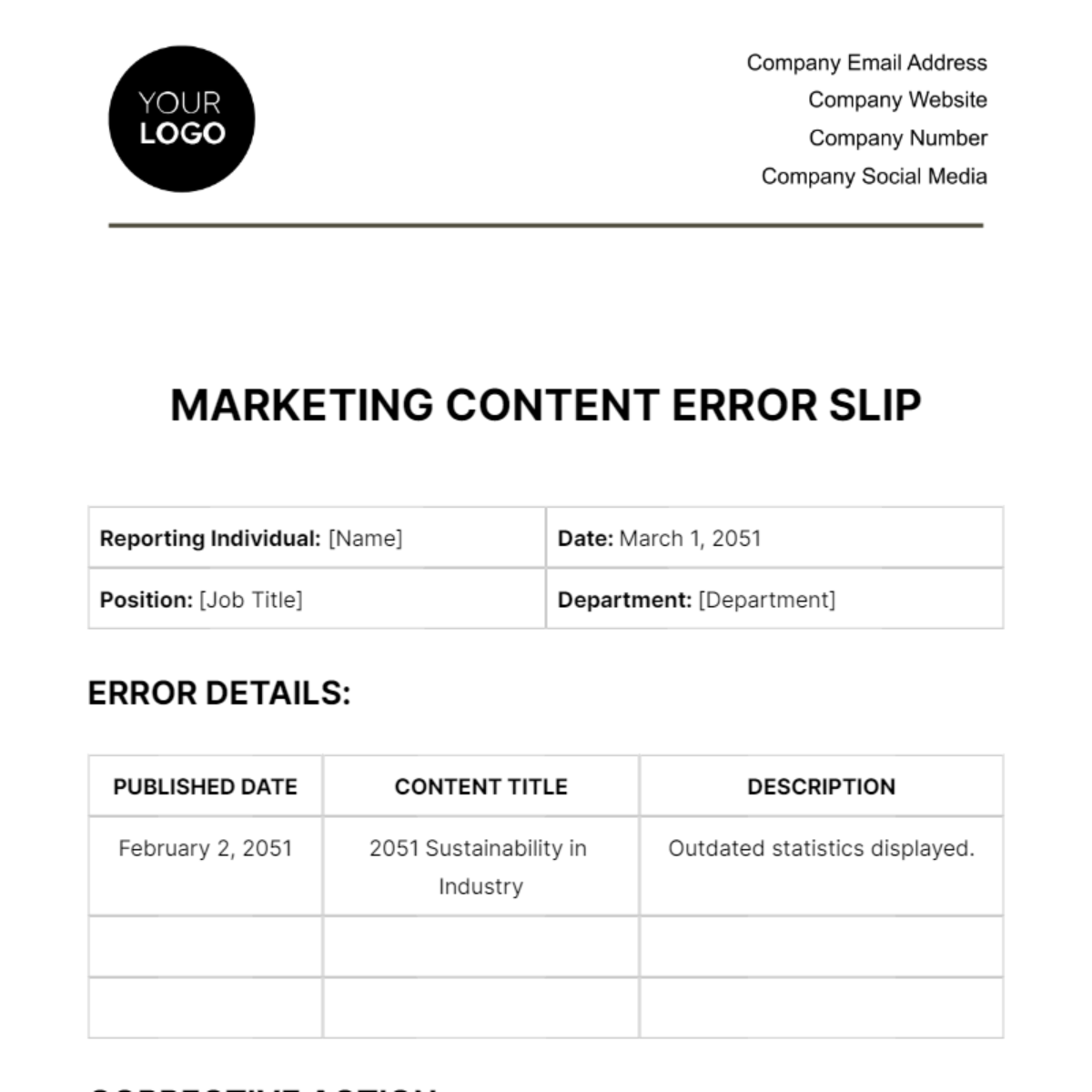 Marketing Content Error Slip Template