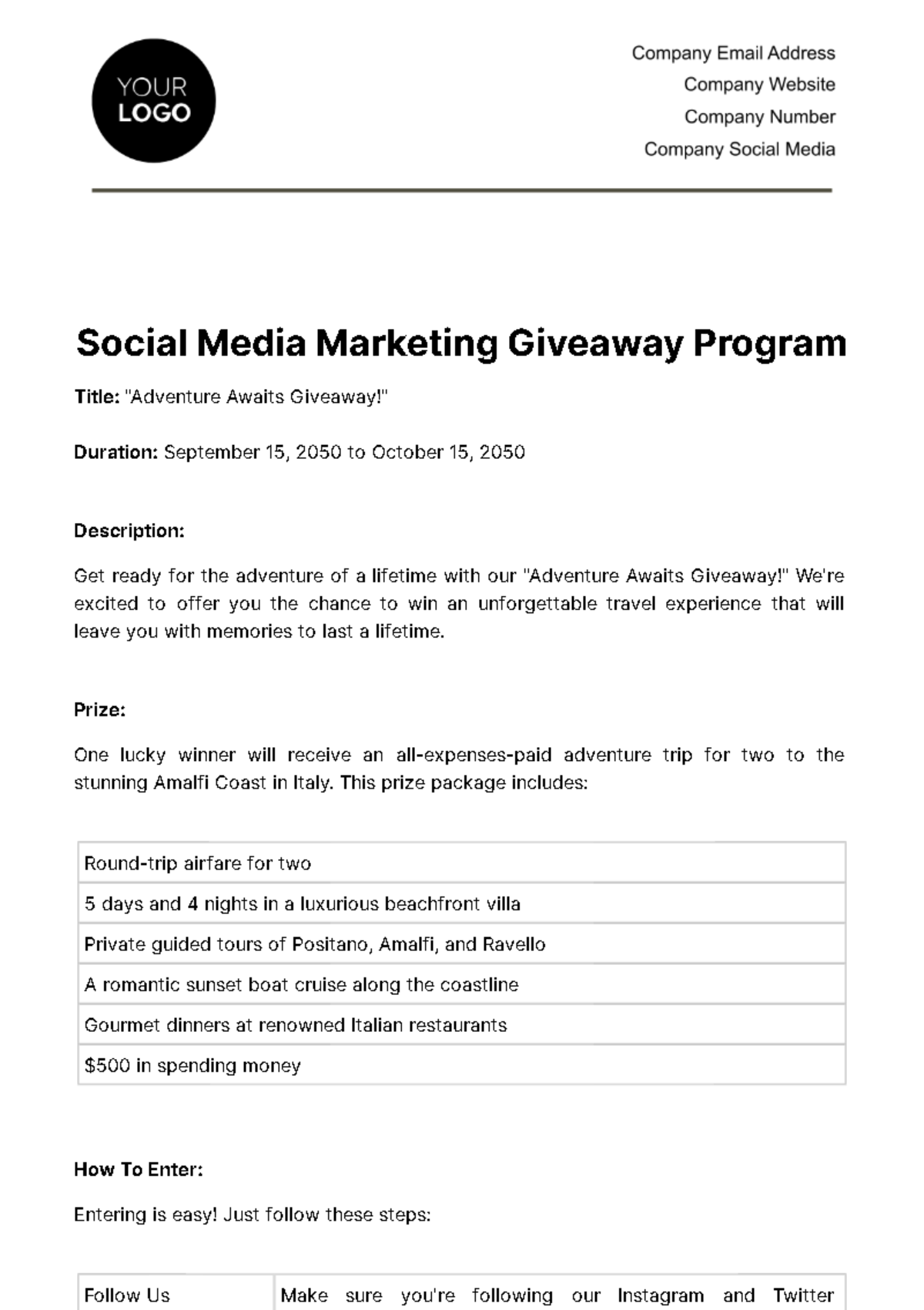 Social Media Marketing Giveaway Program Template