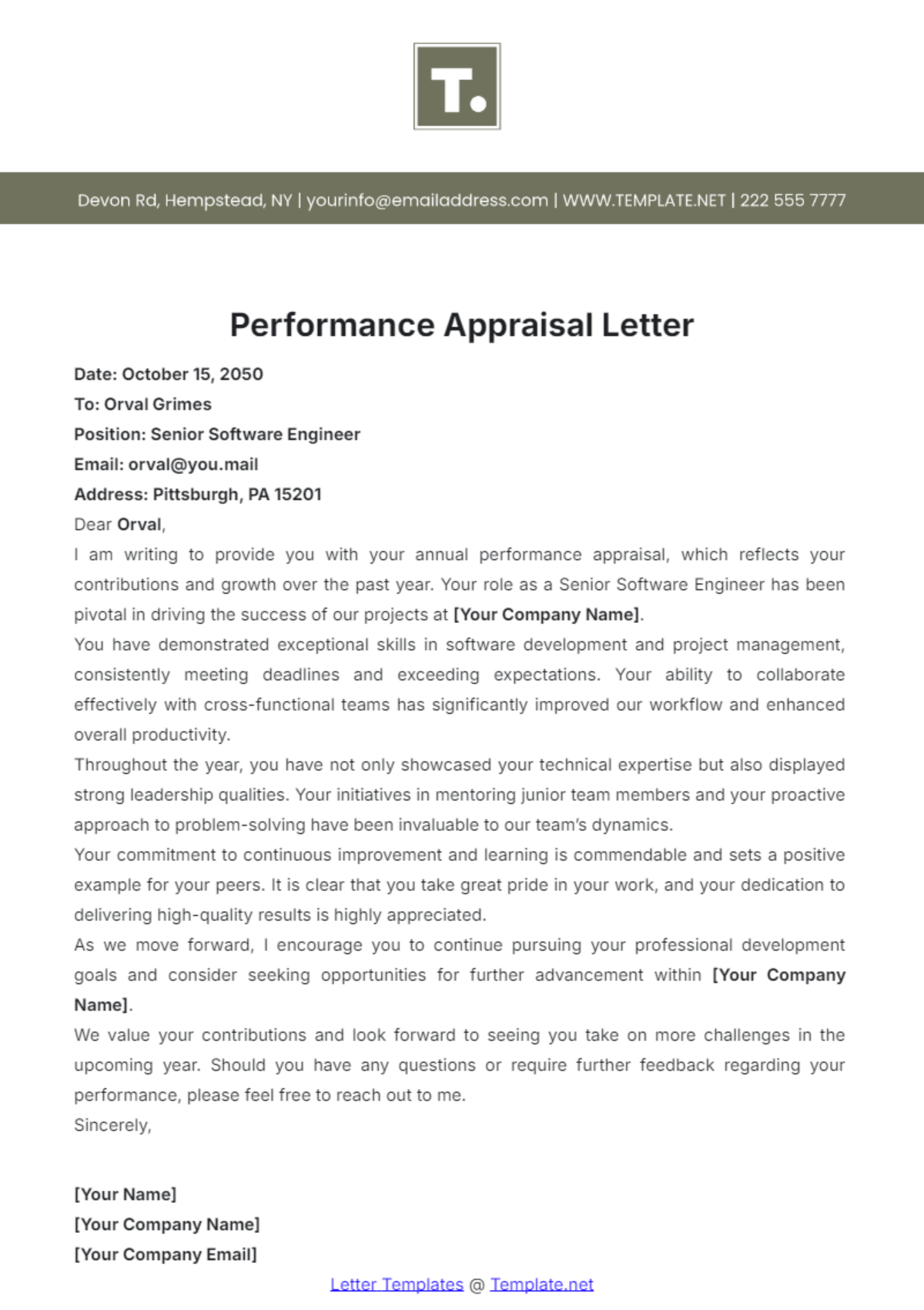 Performance Appraisal Letter Template - Edit Online & Download