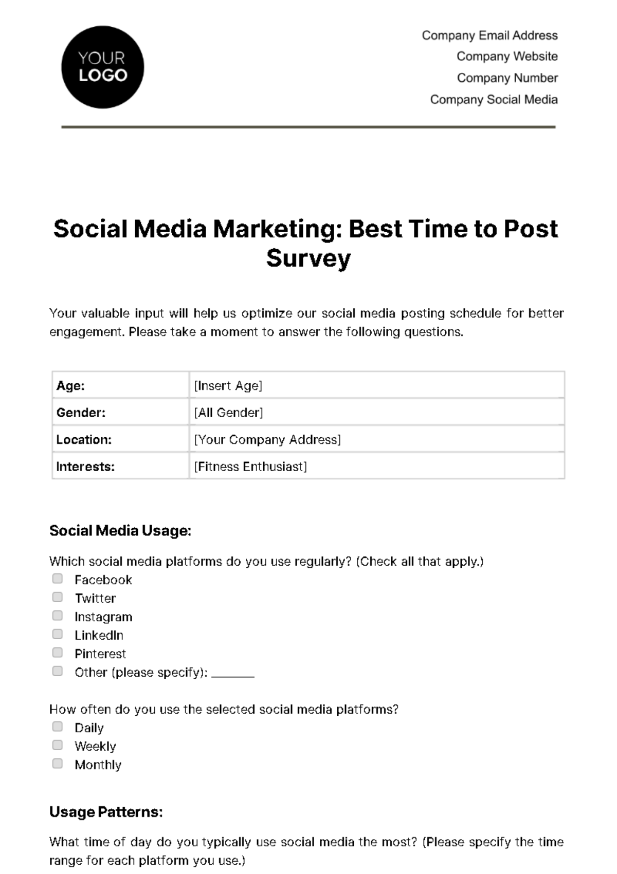 Free Social Media Marketing Best Time to Post Survey Template