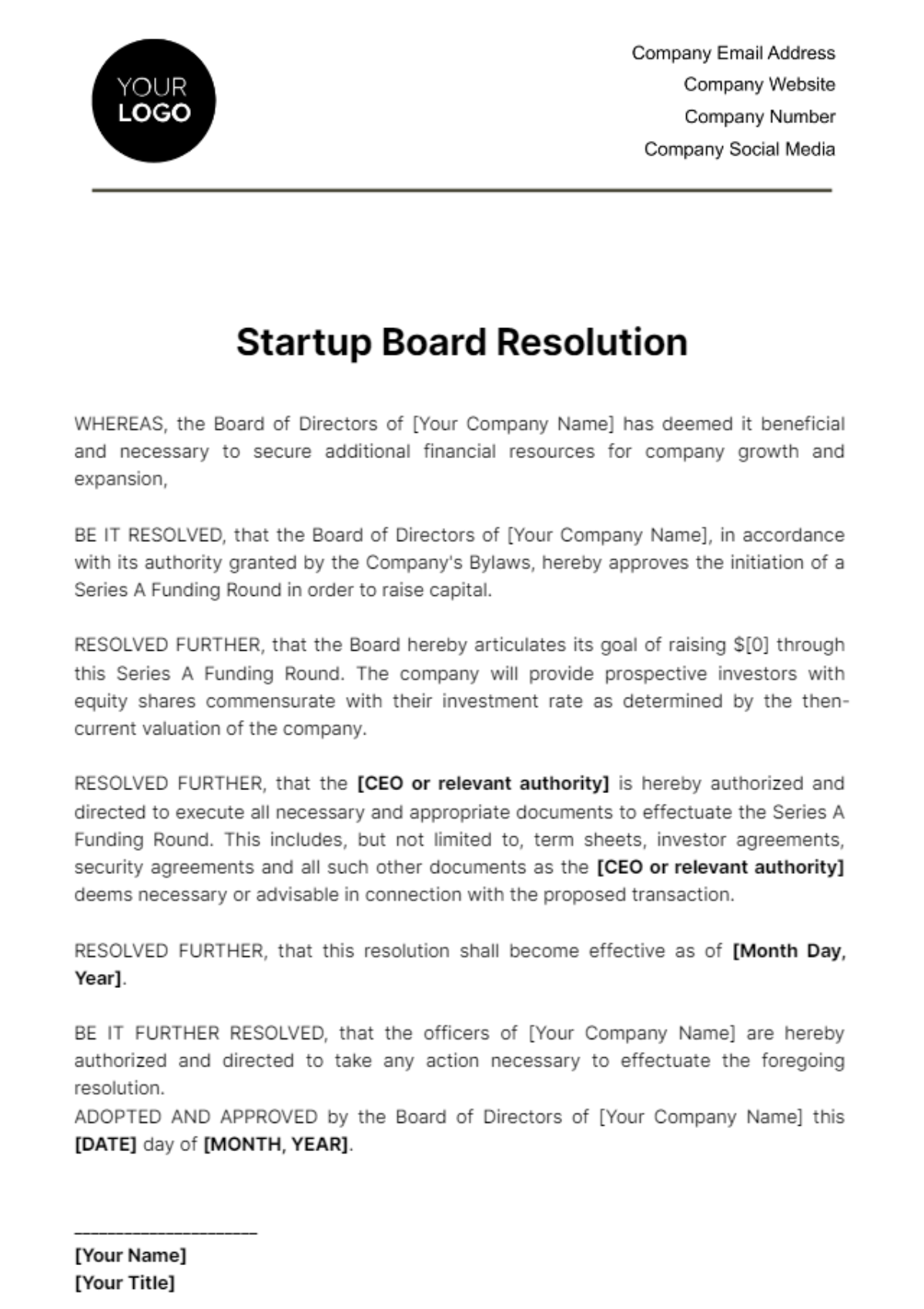 Free Startup Board Resolution Template
