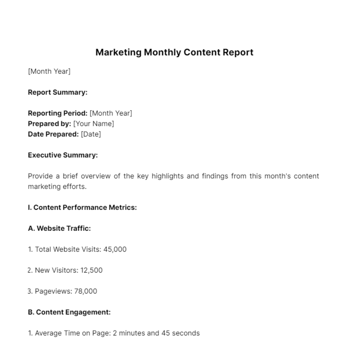 Marketing Monthly Content Report Template