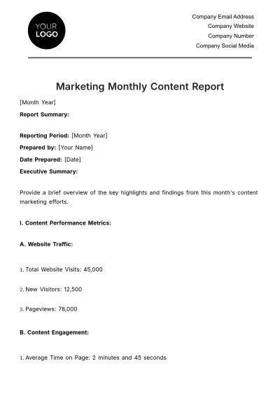Free Marketing Monthly Content Report Template to Edit Online