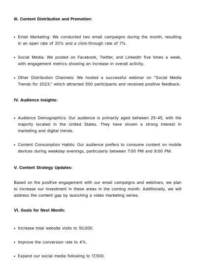 Free Marketing Monthly Content Report Template to Edit Online