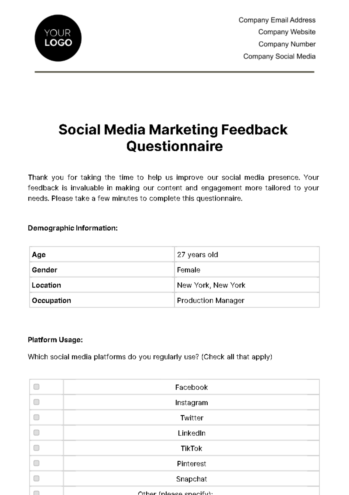 Free Social Media Marketing Feedback Questionnaire Template